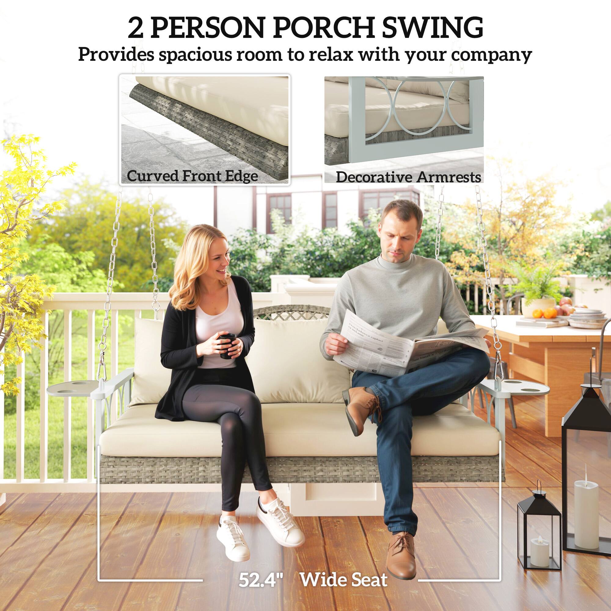 2 PERSON PORCH SWING  
Provides spacious room to relax with your company  

- Curved Front Edge  
- Decorative Armrests  
- 52.4" Wide Seat