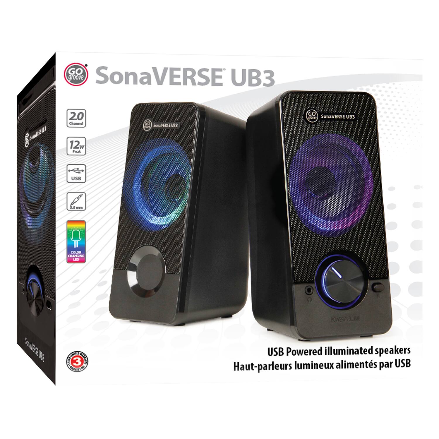 GO groove SonaVERSE UB3  
2.0 Channel  
12W Peak  
USB  
3.5mm Input  
COLOR CHANGING LED  
USB Powered illuminated speakers  
Haut-parleurs lumineux alimentés par USB