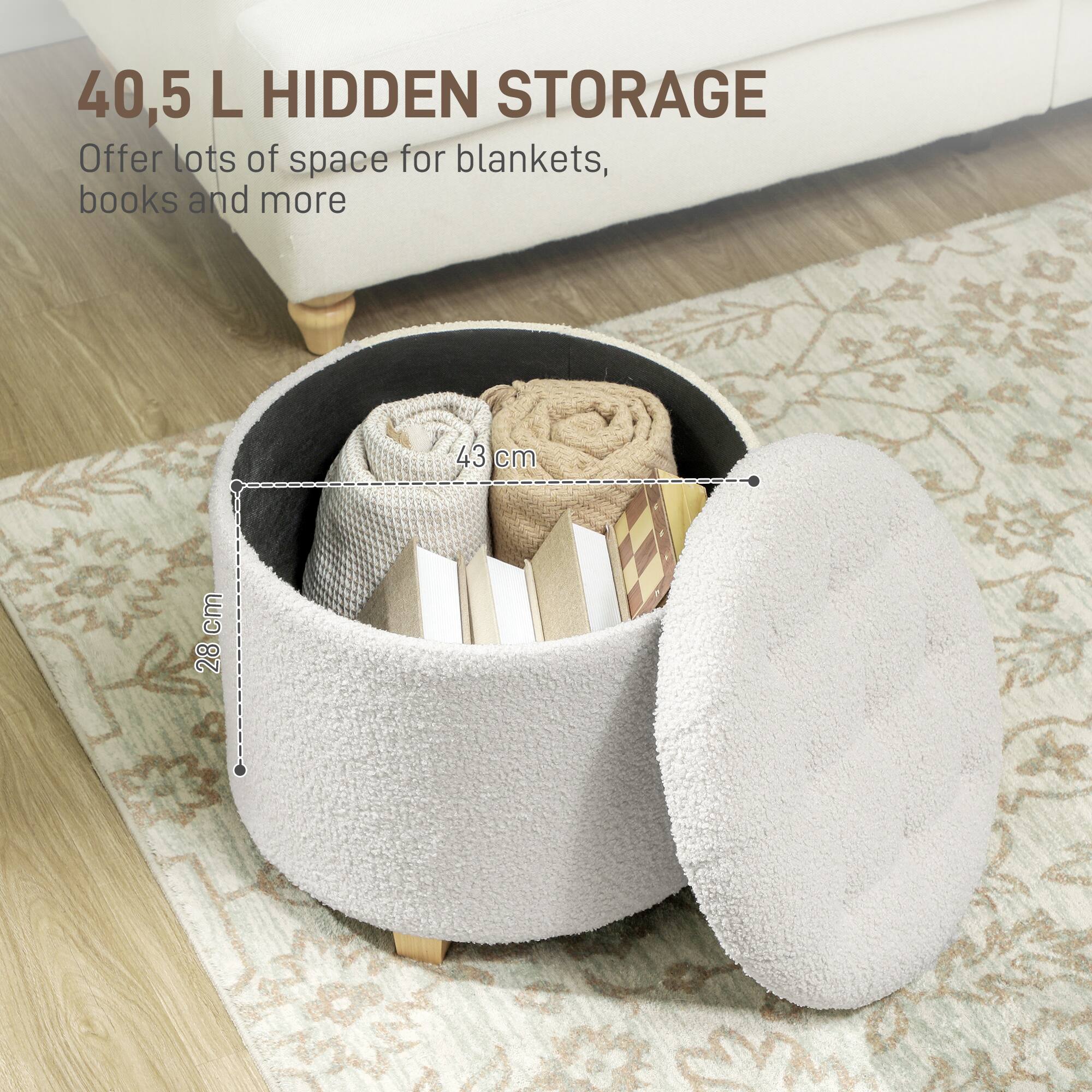 40.5 L HIDDEN STORAGE  
Offer lots of space for blankets, books and more  

43 cm  
28 cm