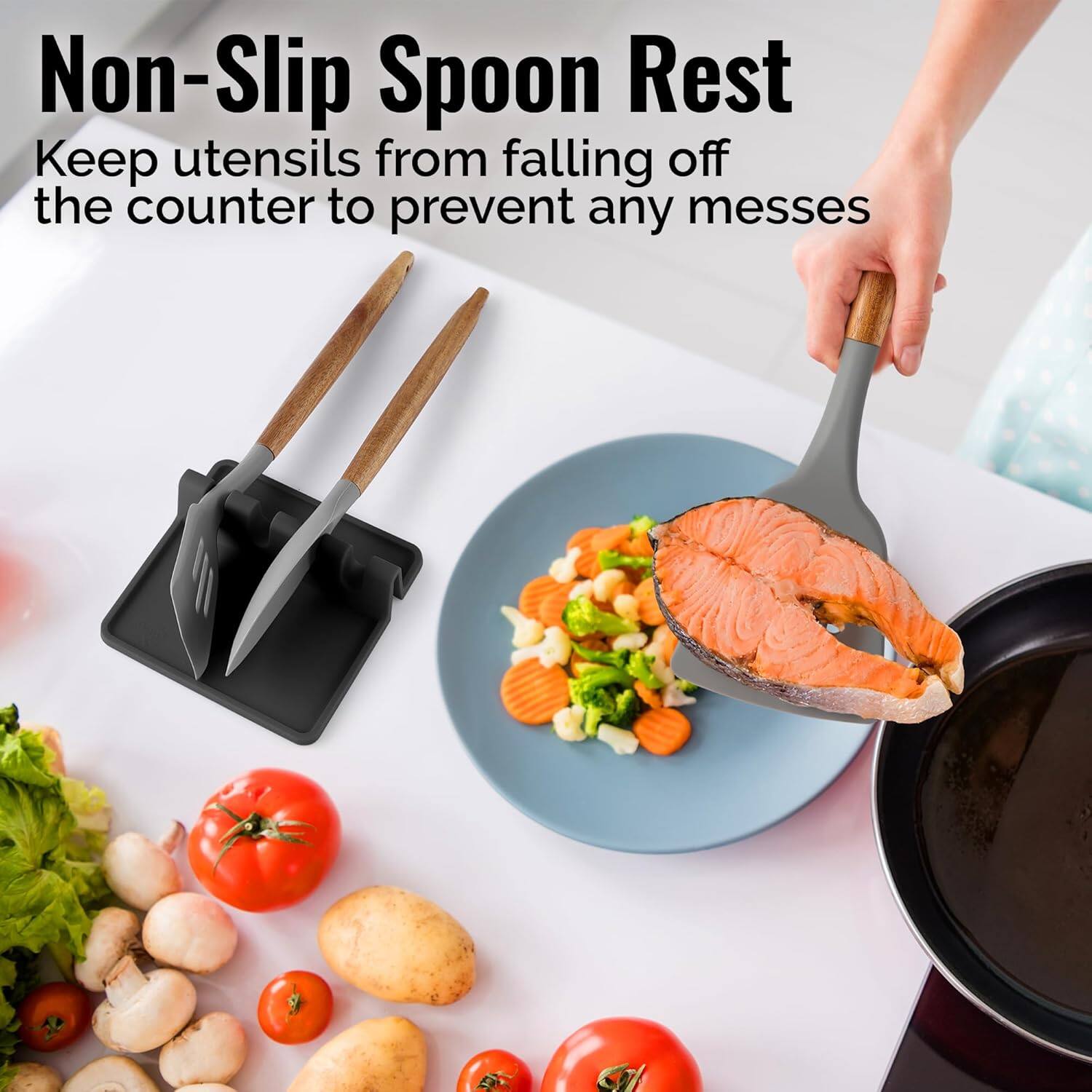 Non-Slip Spoon Rest  
Keep utensils from falling off the counter to prevent any messes