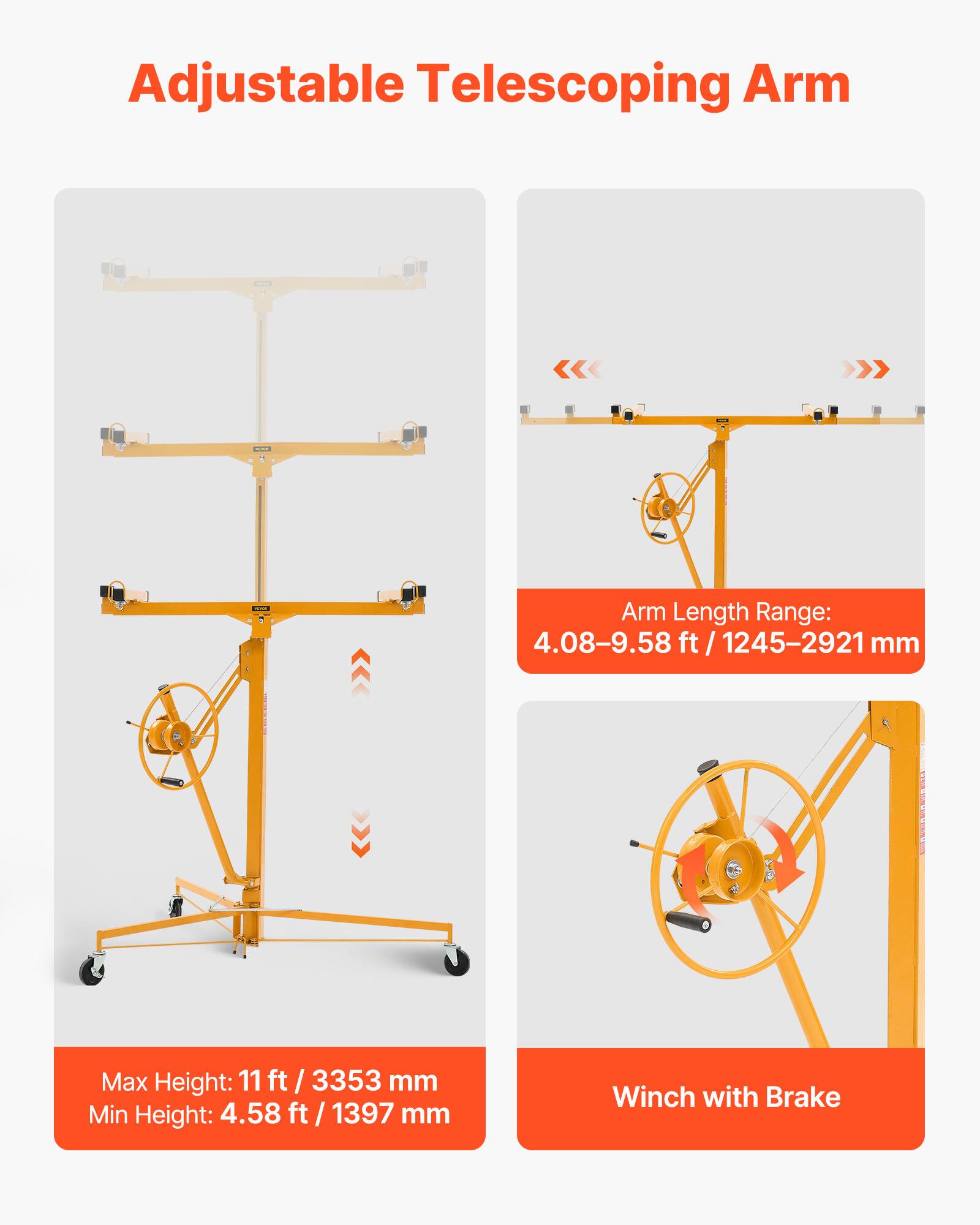 Adjustable Telescoping Arm

Arm Length Range: 4.08-9.58 ft / 1245-2921 mm

Max Height: 11 ft / 3353 mm

Min Height: 4.58 ft / 1397 mm

Winch with Brake