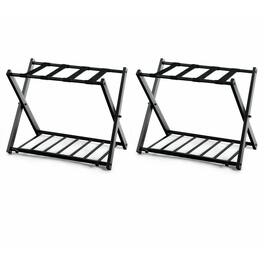 Hivvago - Set of 2 - Folding Black Metal Luggage Rack with Bottom Storage Shelf - Black