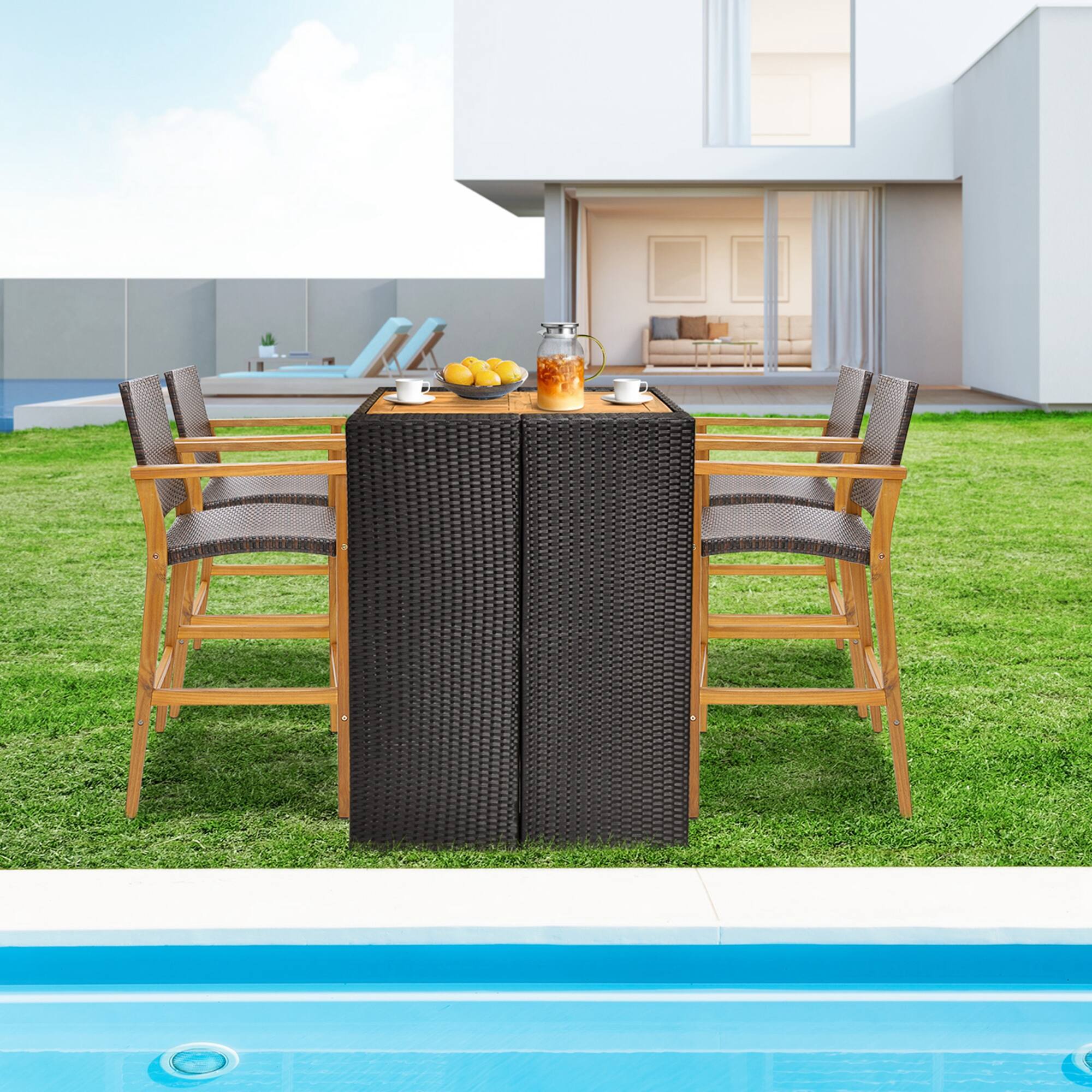 Alt View 4. Costway - Costway 2PCS Patio PE Wicker Bar Chairs Height Barstools with Acacia Wood Armrests Balcony - Teak,Brown.