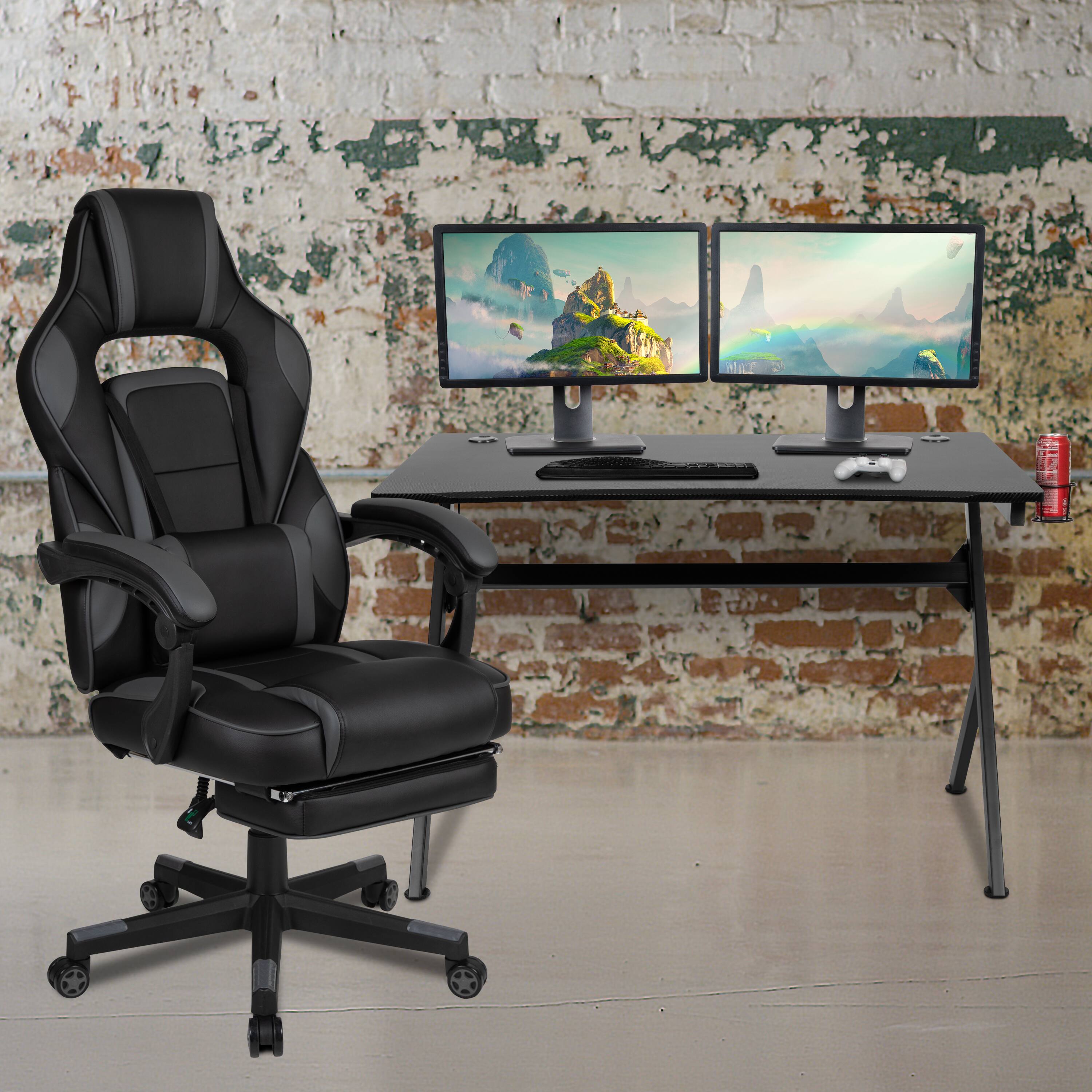 Alt View 1. Emma + Oliver - Gaming Desk Set - Cup/Headset Holder/Reclining & Footrest - Black.