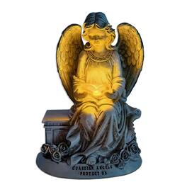 OrnamentallyYou - Guardian Angel Reading Book Garden Statue, 10" Solar Powered Angelic Outdoor Figurine - Gray