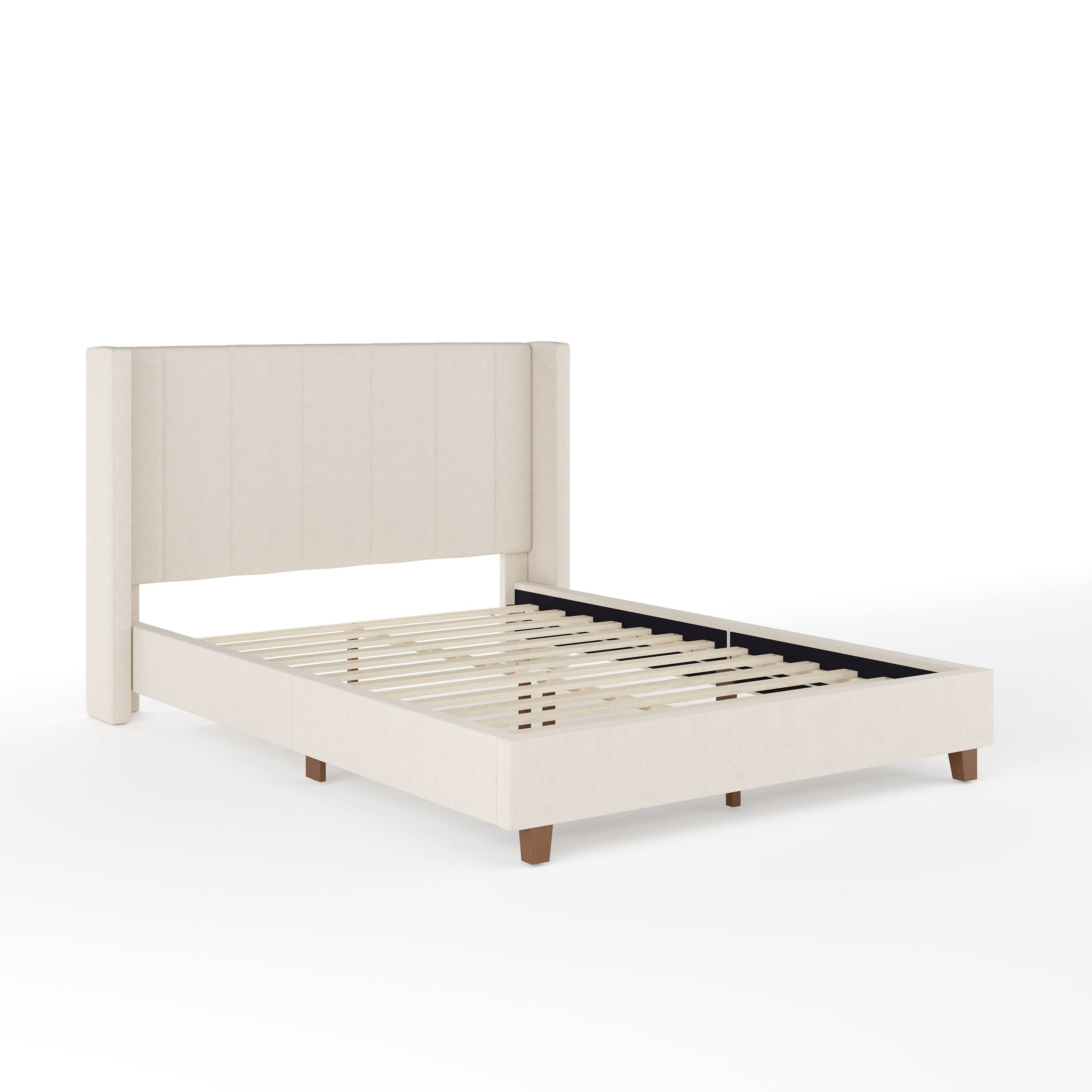 Alt View 11. Martha Stewart - Kay Faux Linen Full Size Platform Bed with Channel Stitched Headboard - Beige Fabric/Walnut Legs.