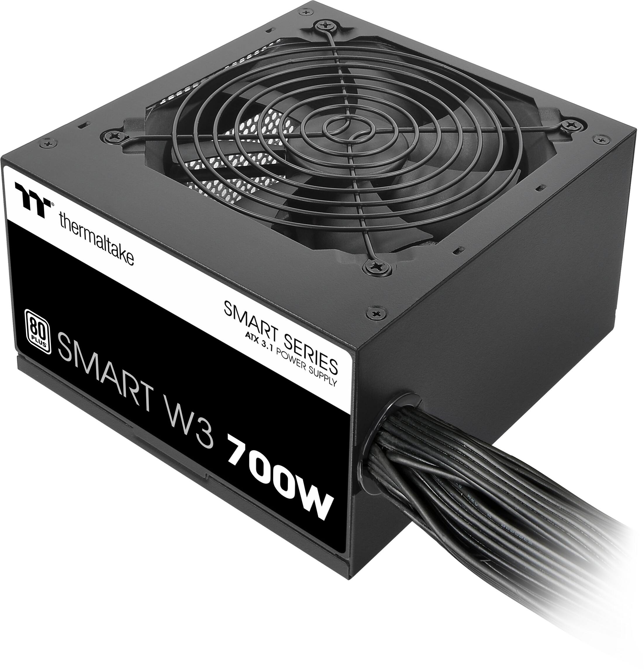 The image features a black box with a fan on top of it. The box is labeled as a "Smart ATX 3.1 Power Supply" and has a capacity of 700W. The fan is connected to the box, and the box is placed on a table. The overall appearance of the box suggests that it is a power supply unit for a computer.