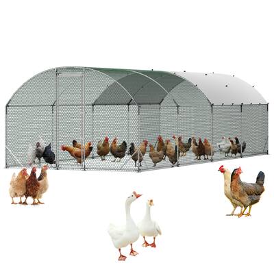 Front. VEVOR - Large Metal Chicken Coop, 9 x 25 x 6.6 ft, Walk-in Chicken Run House with Waterproof Cover & Sturdy Frame, Dome Roof - Silver.