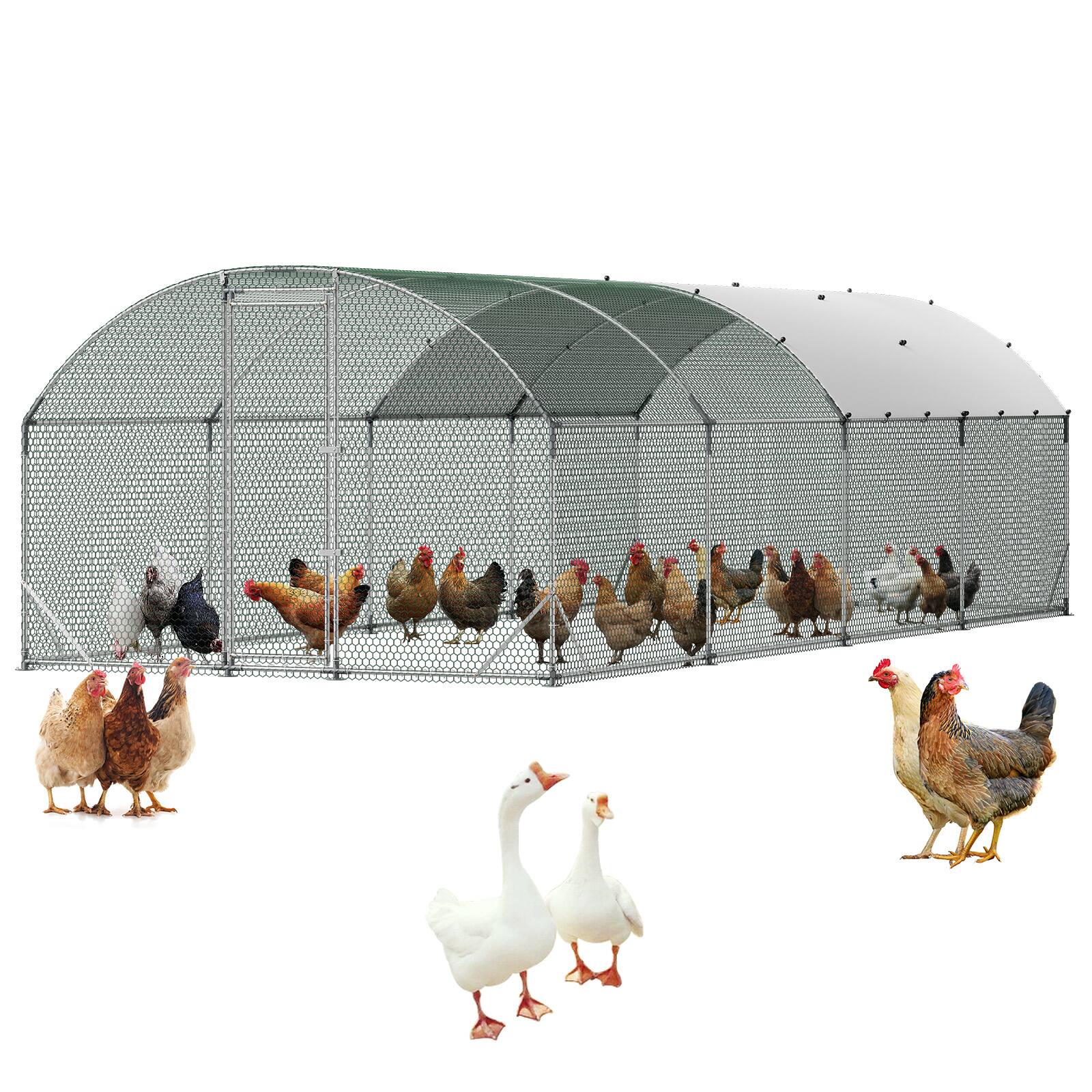 Front. VEVOR - Large Metal Chicken Coop, 9 x 25 x 6.6 ft, Walk-in Chicken Run House with Waterproof Cover & Sturdy Frame, Dome Roof - Silver.