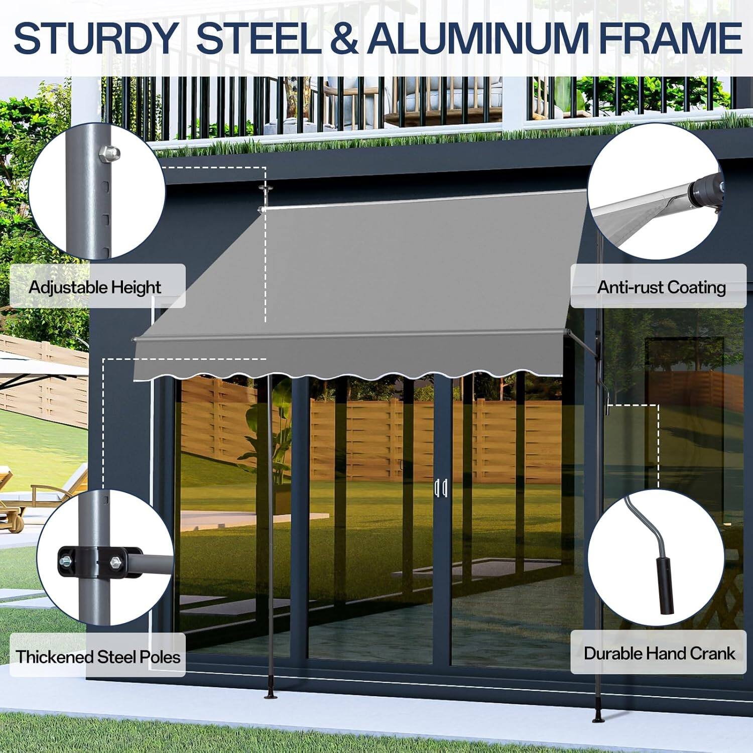 STURDY STEEL & ALUMINUM FRAME  
Adjustable Height  
Anti-rust Coating  
41 Thickened Steel Poles  
Durable Hand Crank