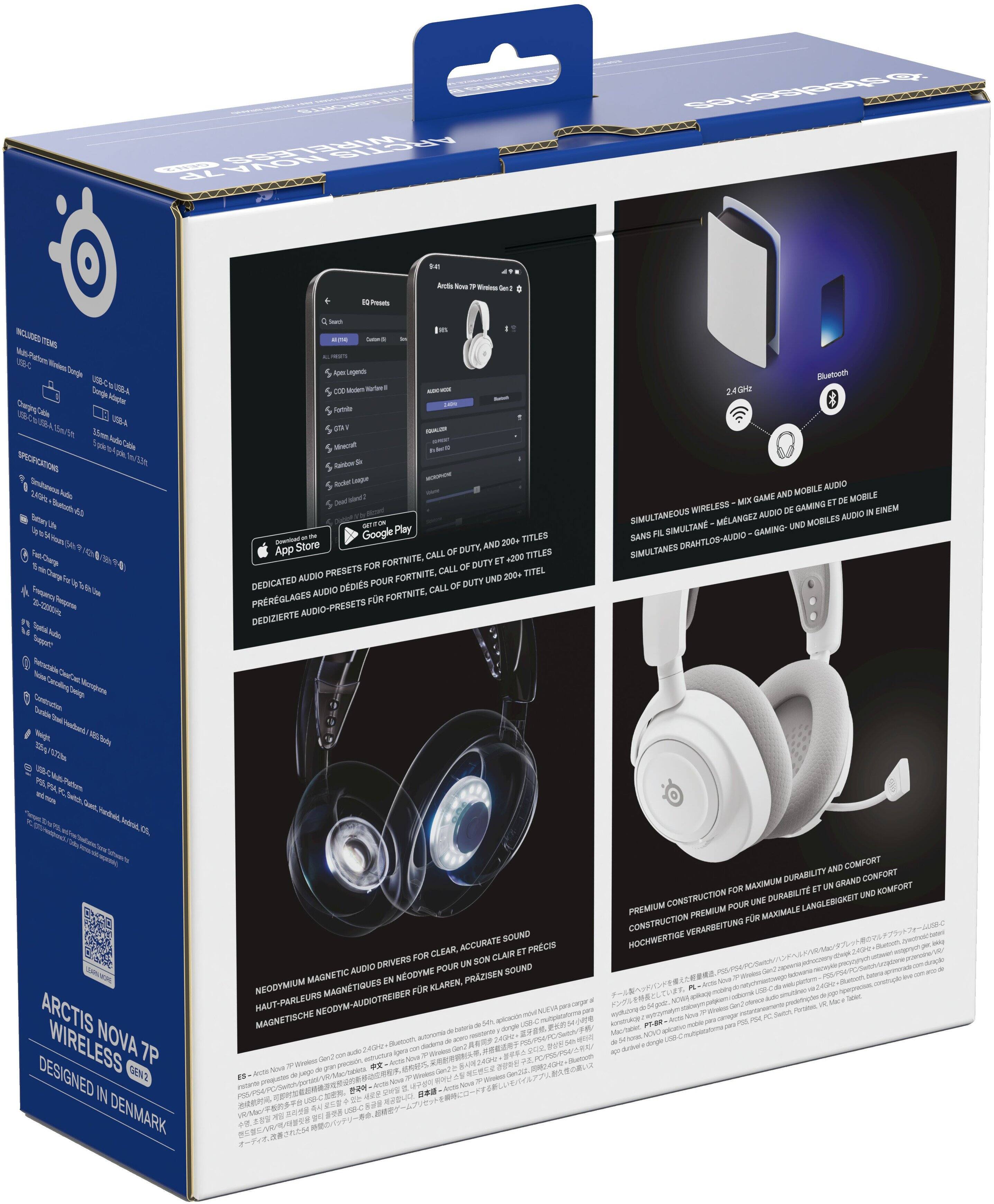 Sure, here is the corrected and grouped text from the image:

---

**ARCTIS NOVA 7P WIRELESS GEN 2**

**DESIGNED IN DENMARK**

**INCLUDED ITEMS**
- Arctis Nova 7P Wireless Headset
- USB-C to USB-A Cable
- 3.5mm Audio Cable
- Quick Start Guide

**SPECS**
- 2.4GHz Wireless Audio
- Bluetooth 5.0
- 256kbps - 256kbps
- 2.4GHz Wireless Audio
- Bluetooth 5.0
- 256kbps - 256kbps
- 2.4GHz Wireless Audio
- Bluetooth 5.0
- 256kbps - 256kbps

**FEATURES**
- 2.4GHz Wireless Audio
- Bluetooth 5.0
- 256kbps - 256kbps
- 2.4GHz Wireless Audio
- Bluetooth 5.0
- 256kbps - 256kbps
- 2.4GHz Wireless Audio
- Bluetooth 5.0
-