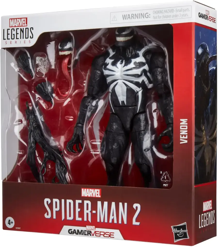 The image features a Marvel Legends Spider-Man 2 action figure, which is part of the Gamerverse series. The figure is packaged in a red box with a warning that it is not suitable for children under 3 years due to small parts. The packaging also includes a choking hazard warning. The figure is displayed in a plastic case, showcasing its details and design.