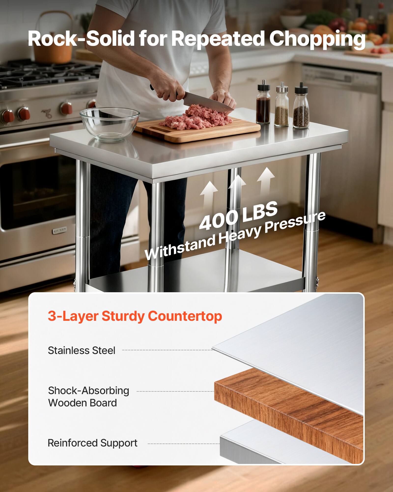 Rock-Solid for Repeated Chopping  
400 LBS Pressure Heavy Withstand  
3-Layer Sturdy Countertop  
Stainless Steel  
Shock-Absorbing Wooden Board  
Reinforced Support