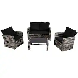 Ainfox - 4 Piece Outdoor Patio Furniture Sets, Wicker Conversation Sectional Set for Balcony Porch Backyard - Black