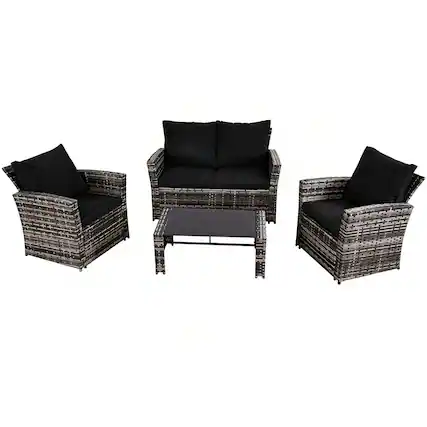 Front. Ainfox - Ainfox 4 Piece Outdoor Patio Furniture Sets, Wicker Conversation Sectional Set for Balcony Porch Backyard - black.
