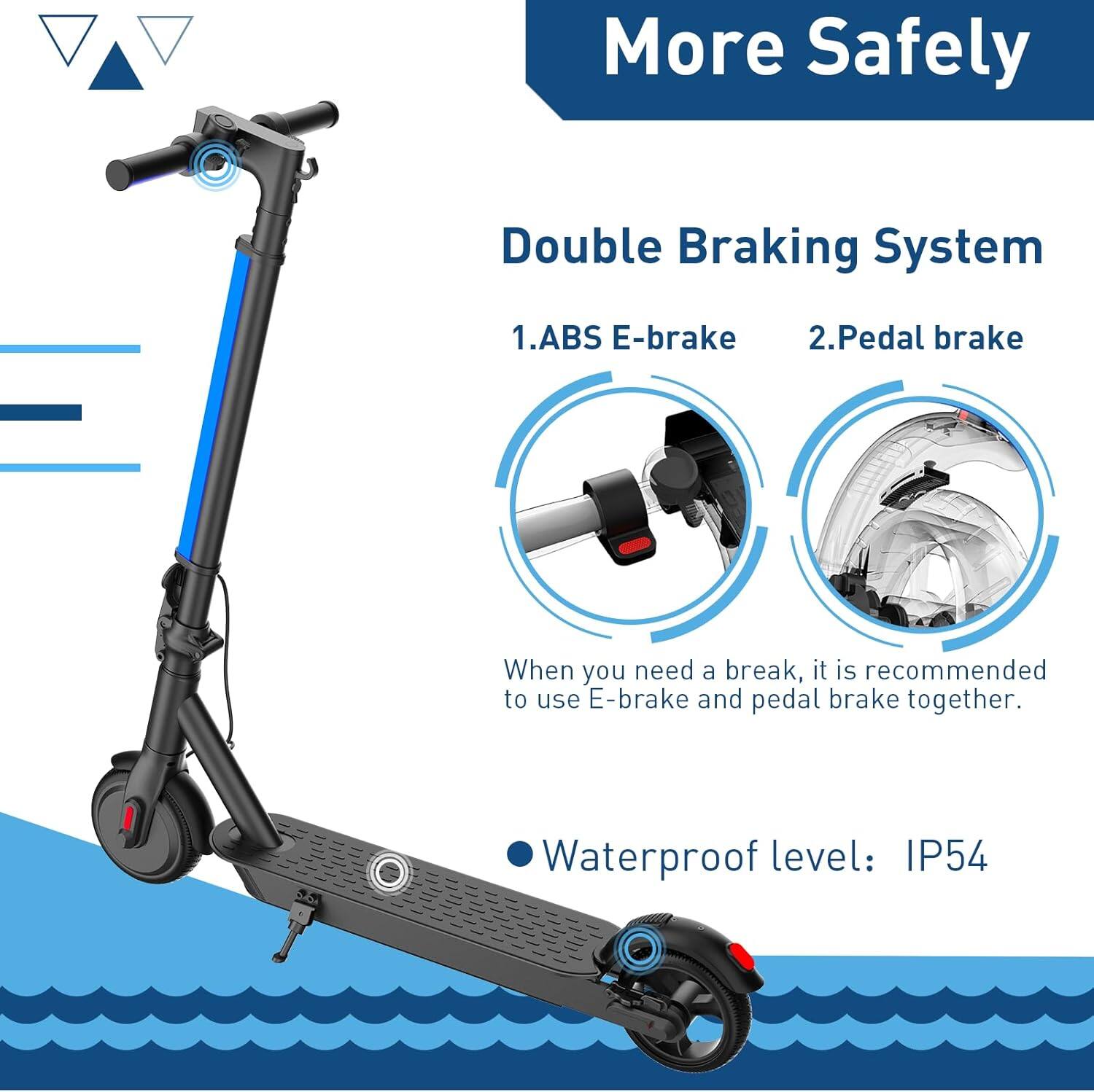 More Safely

Double Braking System

1. ABS E-brake  
2. Pedal brake

When you need a break, it is recommended to use E-brake and pedal brake together.

Waterproof level: IP54