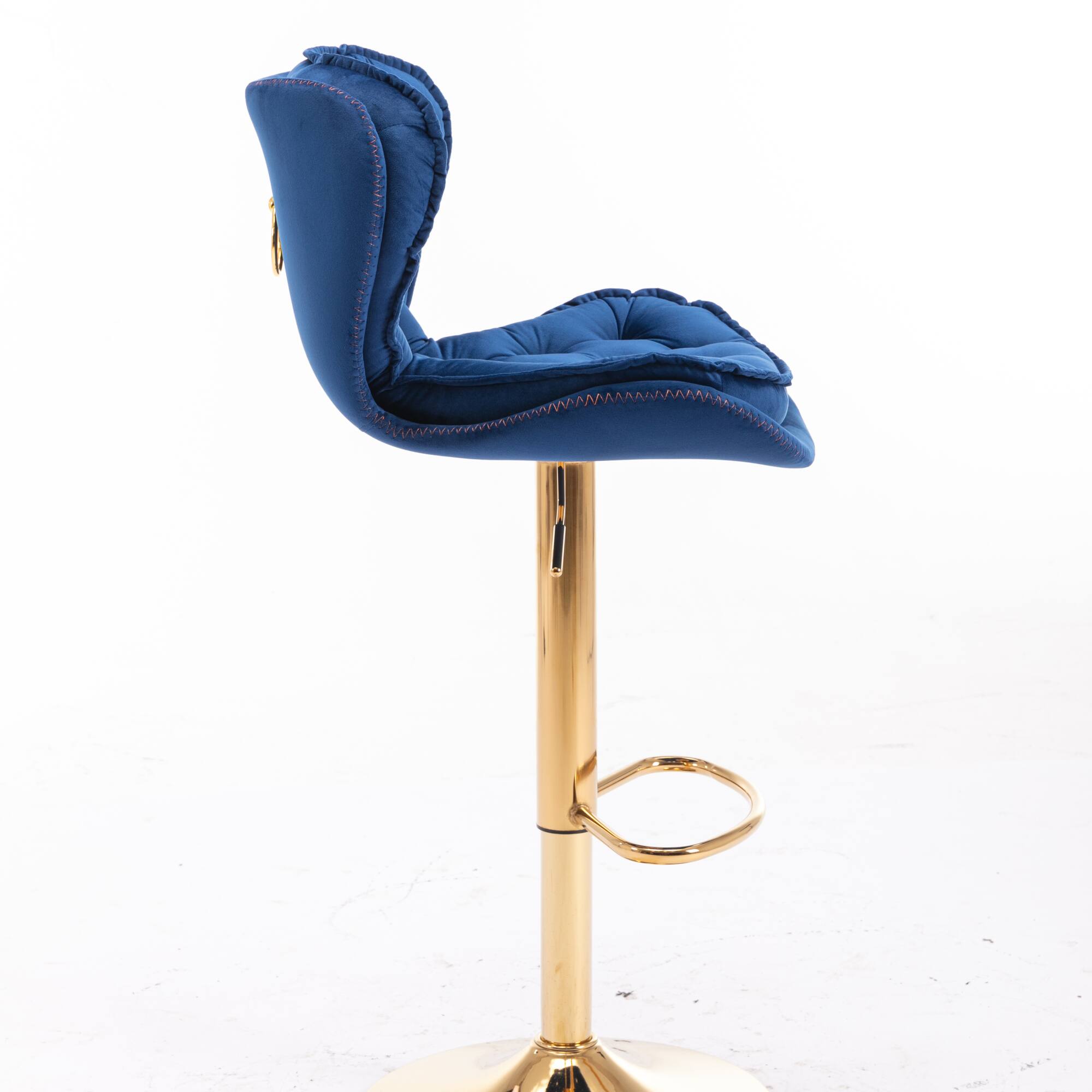 Back. GOODSILO - Set of 2 Adjustable Swivel Bar Stools with Chrome Footrest and Velvet Upholstery - Navy Blue.