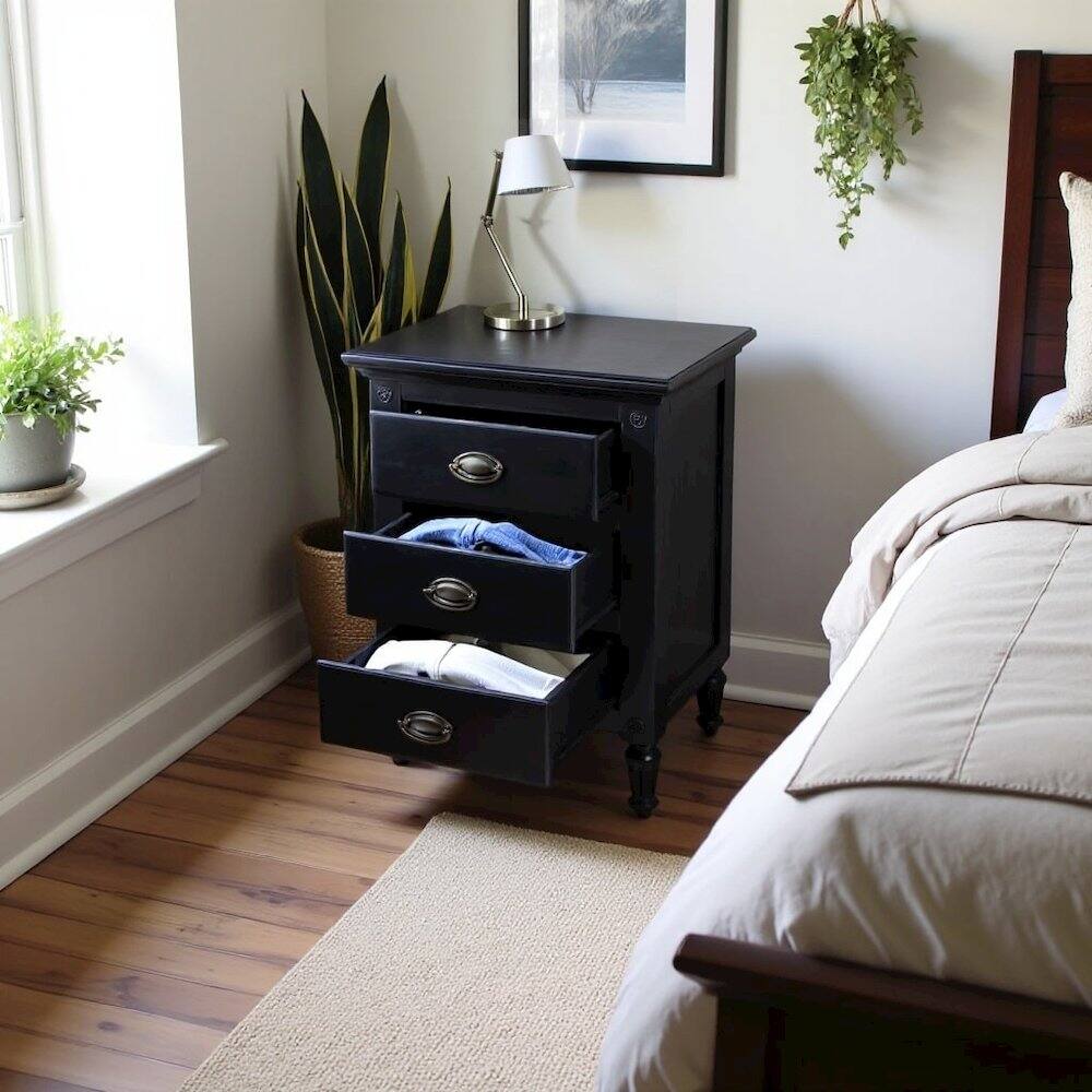 Alt View 3. Starlight Canyon Home - Black Wood Nightstand with Drawers – Classic 3 Drawer Bedroom Table - Black.