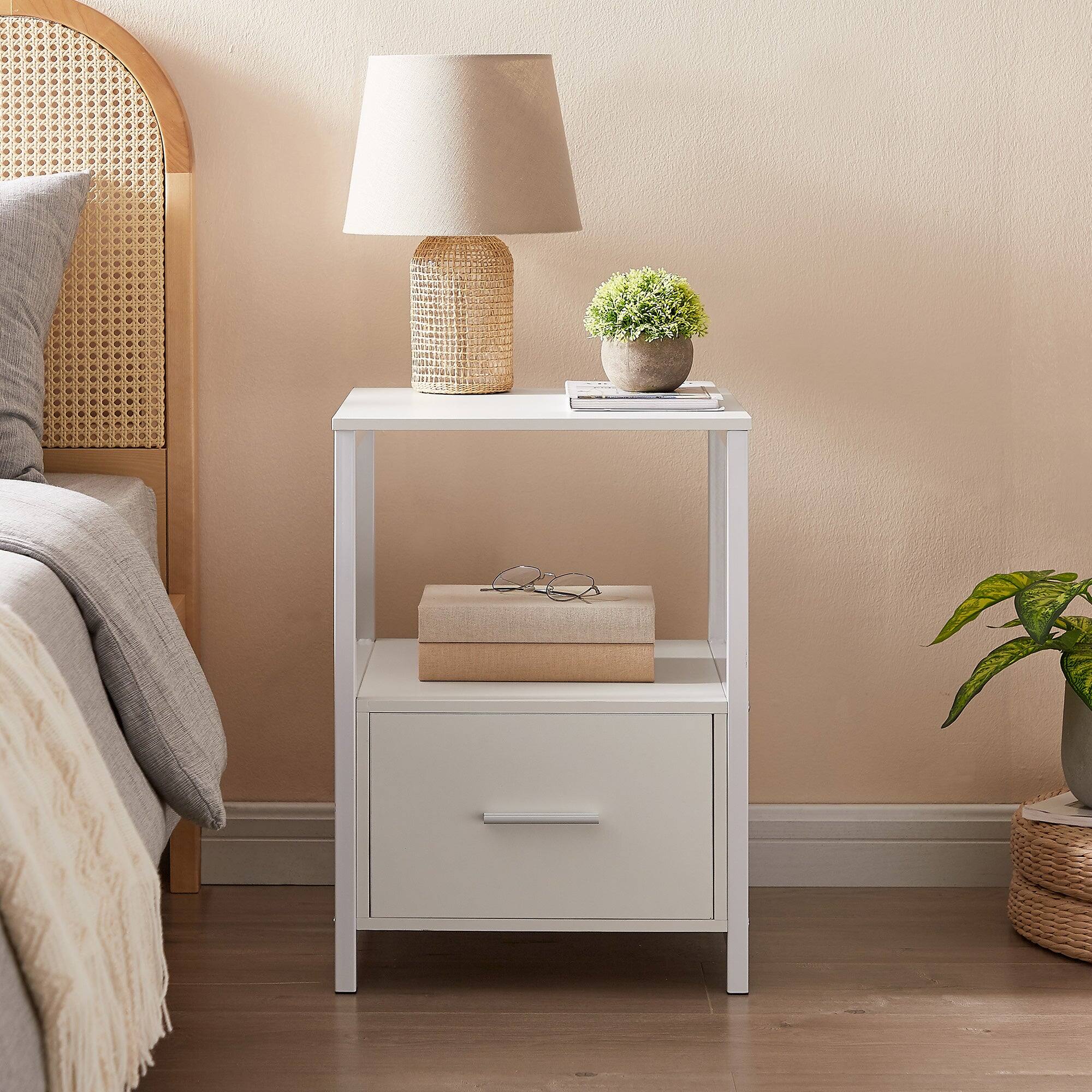 Alt View 4. Vecelo - Set of 2 Industrial Nightstand with Drawer - Metal Frame & Engineered Wood Bedside Table, Modern End Table - White.