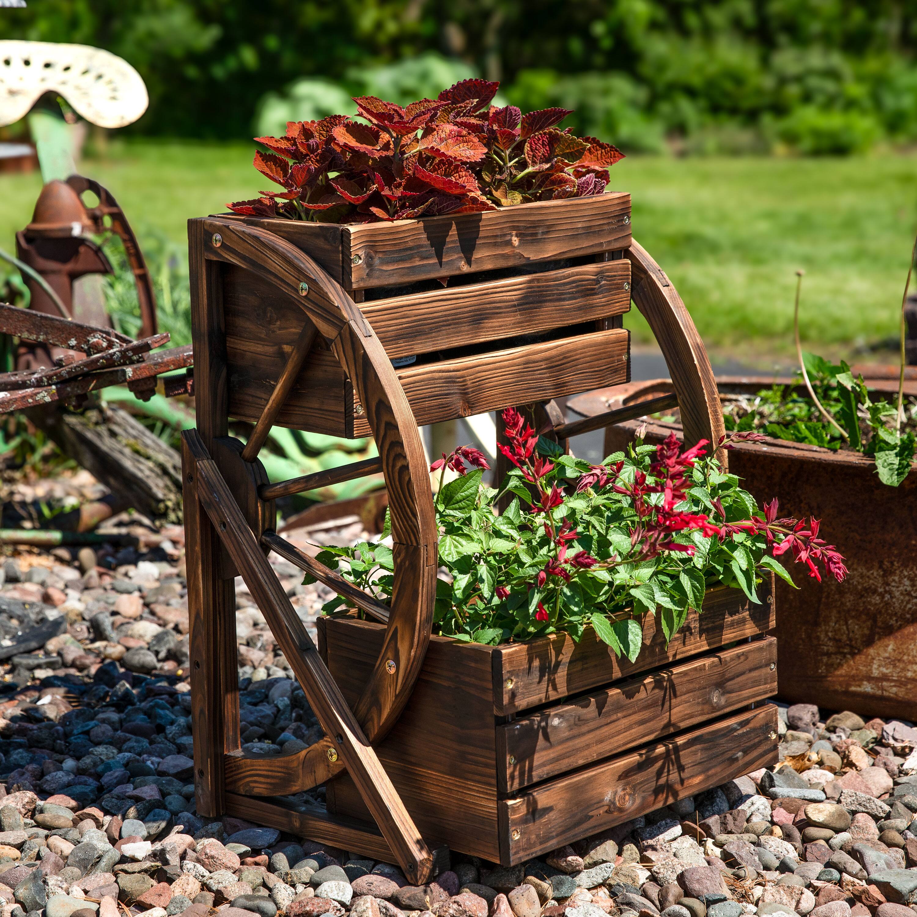 Alt View 1. Sunnydaze - 2-Tier Fir Wood Wagon Wheel Planter - Charred Fir Wood.