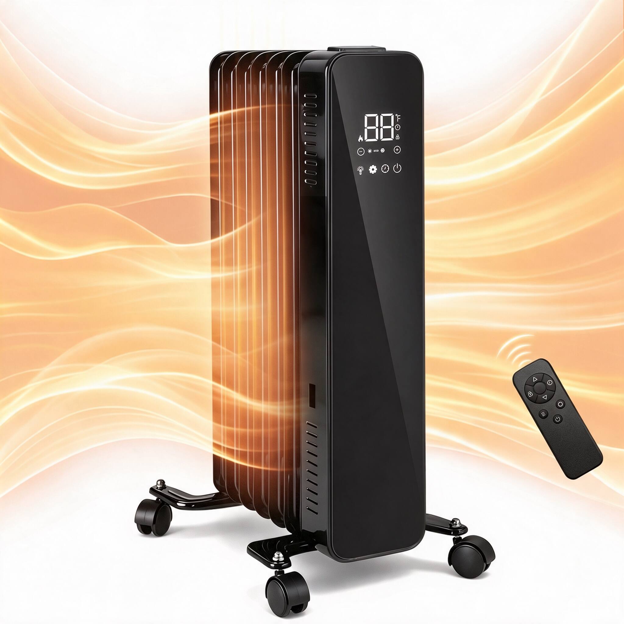 Front. Airo Comfort - 1500-Watt 23 in 7-Fin Oil-Filled Radiator Space Heater with Electronic Thermostat Timer LED Touch Screen  R/C  Black - Black.