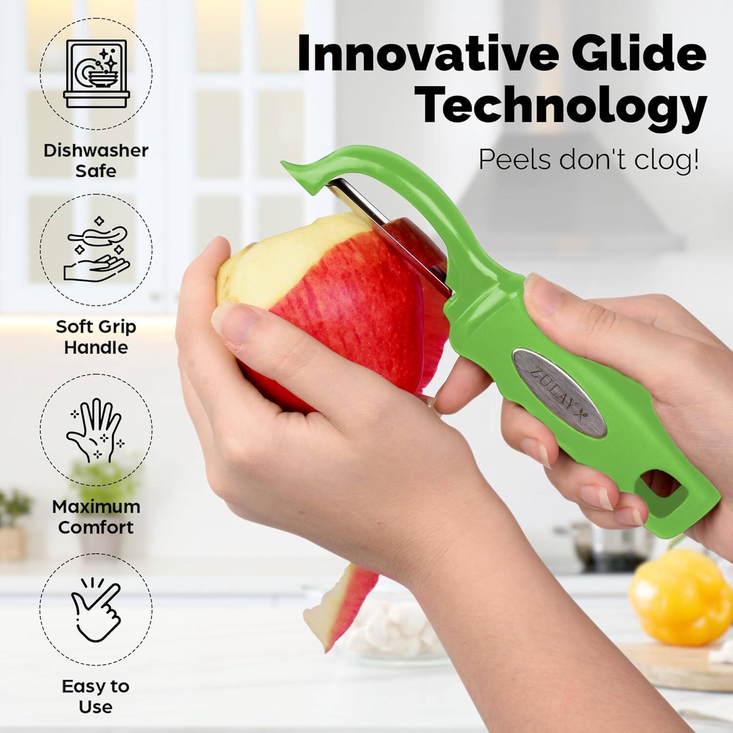 Dishwasher Safe, Innovative Glide Technology, Peels don't clog!, Soft Grip Handle, Maximum Comfort, Easy to Use