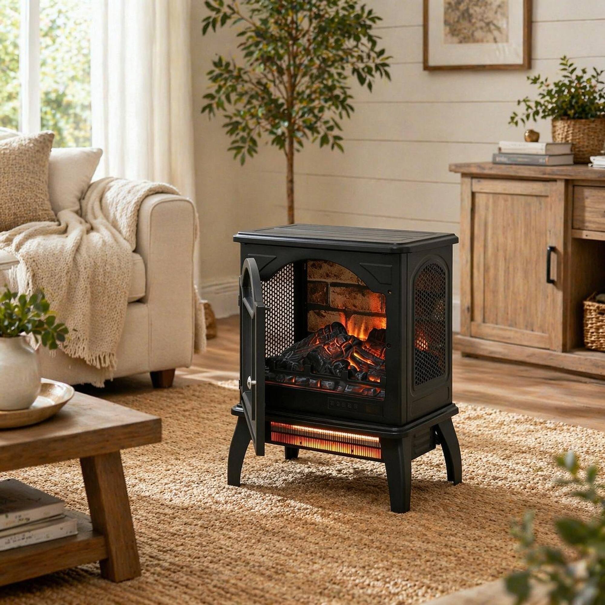 Angle. RYHNUYNE - 18 Inch 3D Flame Electric Infrared Quartz Fireplace Stove with Remote Control for Living Room Bedroom Home Office - Antique Black.