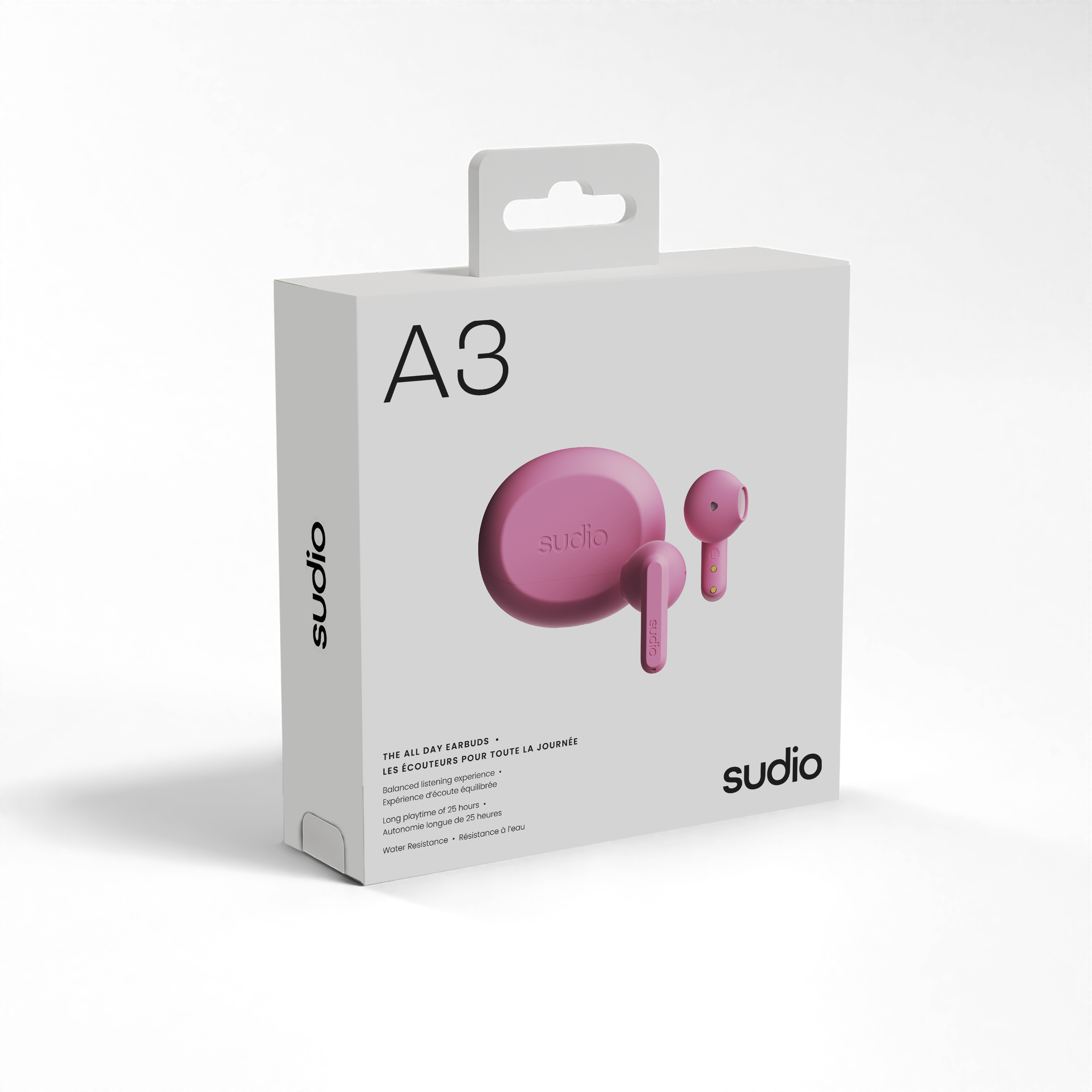 A3 Studio  
Studio  
DAY EARBUDS  
LA JOURNÉE  
THE ALL DAY EARBUDS  
LES ÉCOUTEURS POUR TOUTE LA JOURNÉE  
Balanced listening experience  
Équilibre sonore équilibré  
Long playtime of 25 hours  
Autonomie longue de 25 heures  
Water Resistance  
Résistance à l'eau  

sudio
