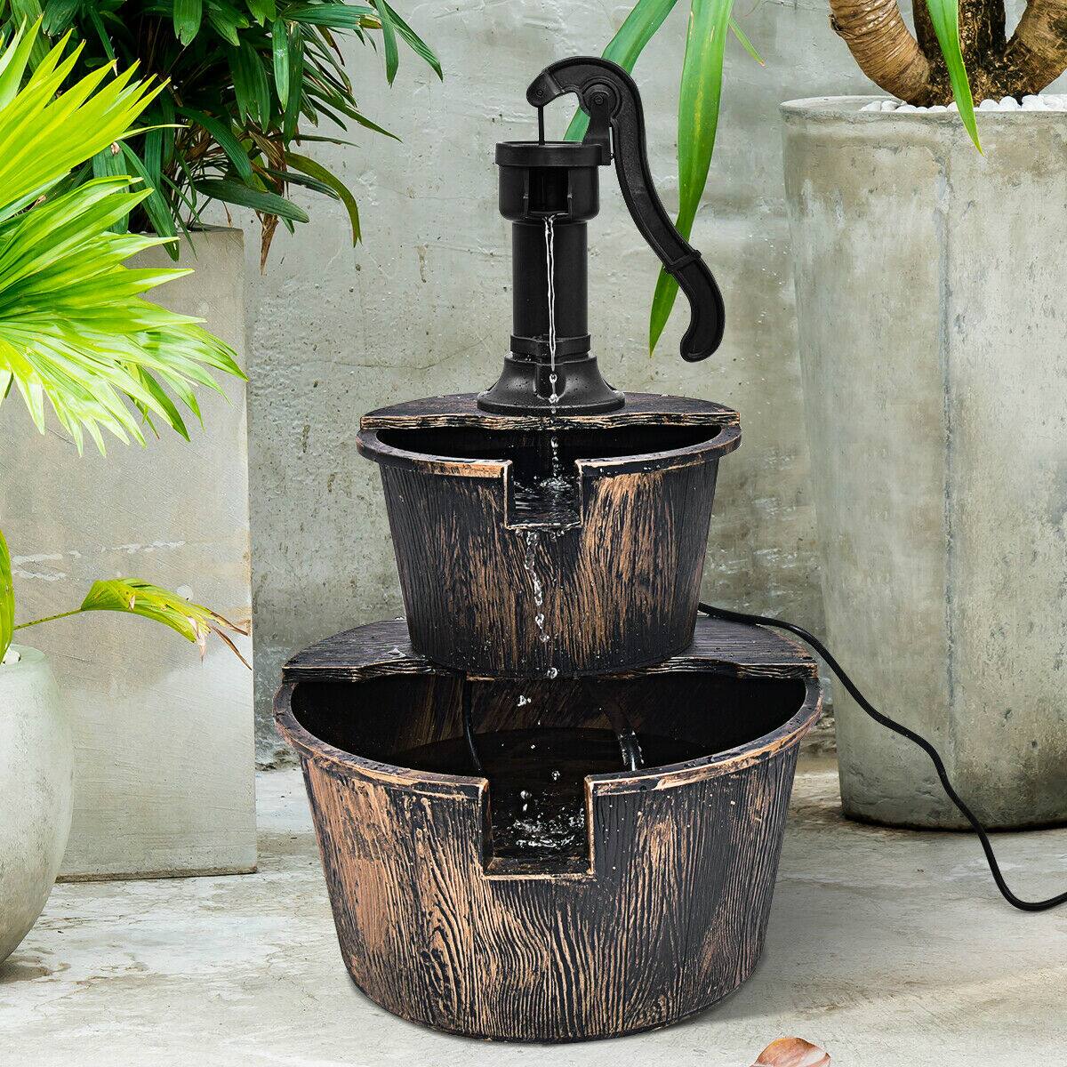 Alt View 1. Gymax - Gymax 2 Tier Barrel Waterfall Fountain Barrel Water Fountain Pump Outdoor Garden - Imitating Bronze Color.