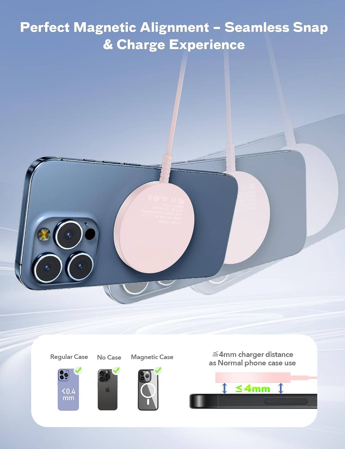 Perfect Magnetic Alignment - Seamless Snap & Charge Experience

Regular Case
No Case
Magnetic Case

≤4mm charger distance as Normal phone case use

<0.4 mm
4mm