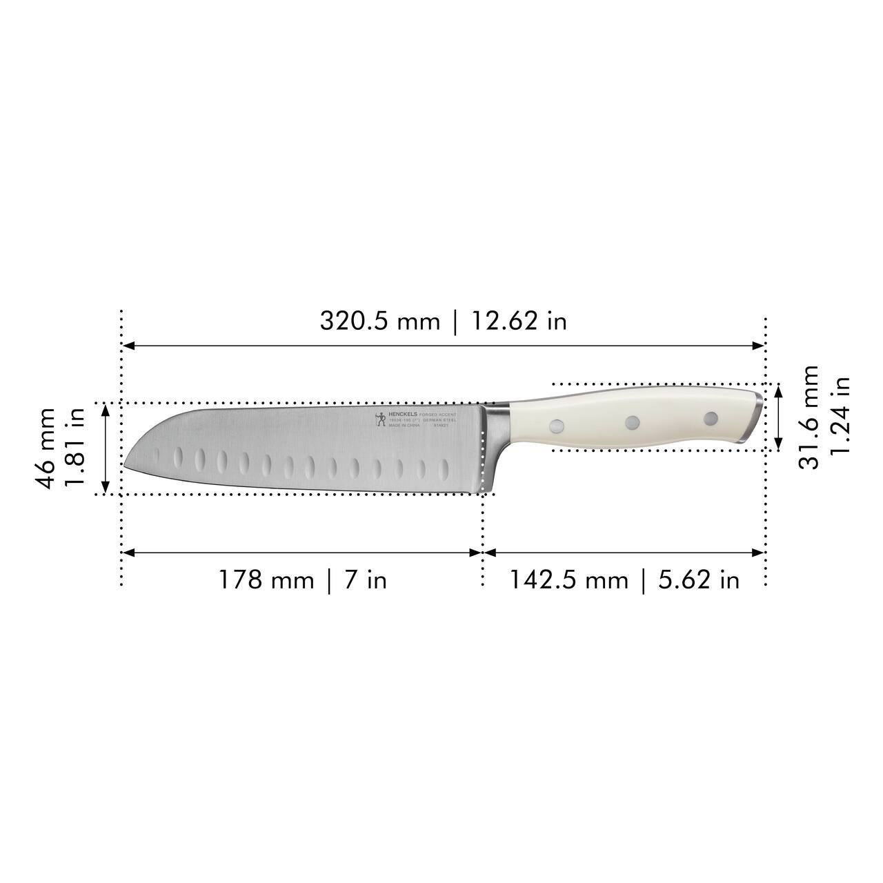 - Length: 320.5 mm | 12.62 in
- Blade Length: 178 mm | 7 in
- Handle Length: 142.5 mm | 5.62 in
- Overall Height: 31.6 mm | 1.24 in
- Blade Thickness: 46 mm | 1.81 in
- Handle Thickness: 6 mm | 0.24 in