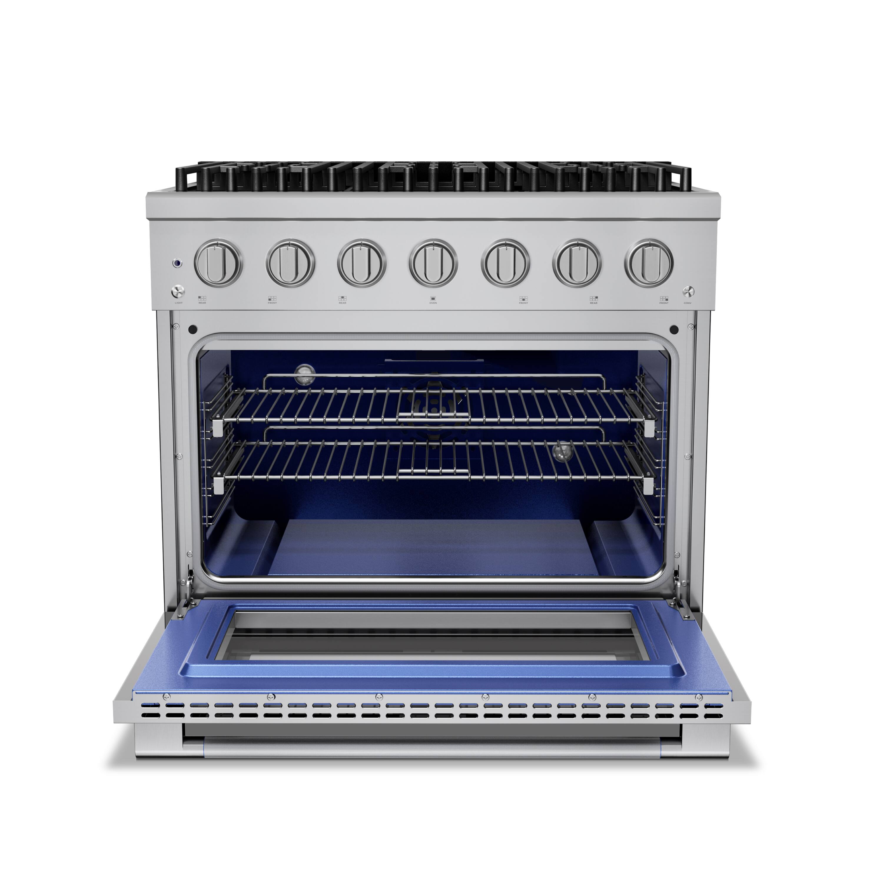 Angle. Hauslane - HausPro 36 in. 6 Burners (20,000 BTU) Freestanding Dual Fuel Range in Stainless Steel with Convection Oven Silver - Stainless Steel.
