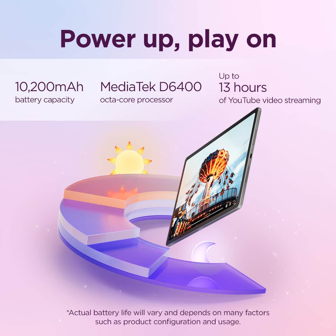Power up, play on
10,200mAh battery capacity
MediaTek D6400 octa-core processor
Up to 13 hours of YouTube video streaming
*Actual battery life will vary and depends on many factors such as product configuration and usage.