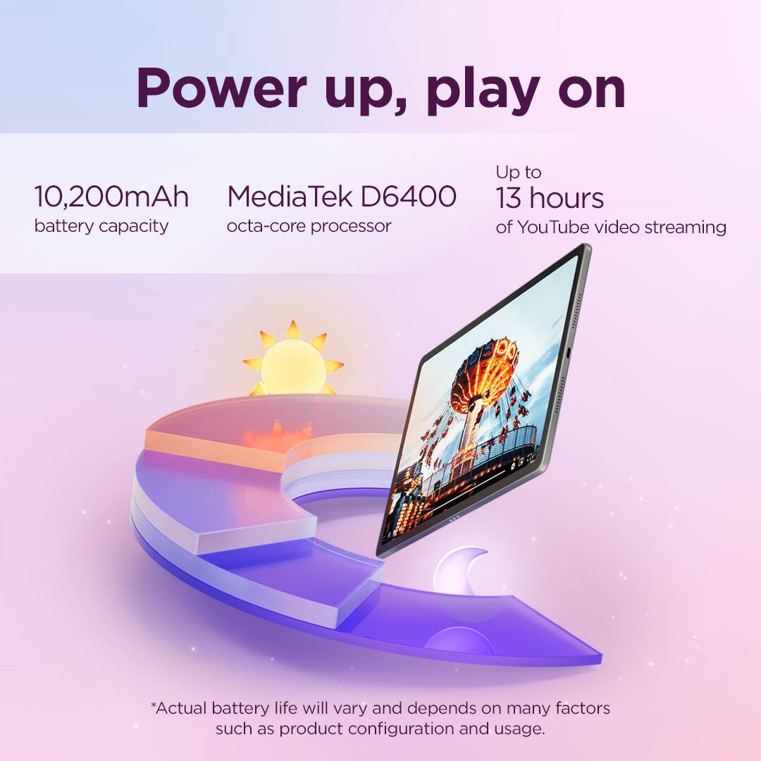 Power up, play on

10,200mAh battery capacity  
MediaTek D6400 octa-core processor  
Up to 13 hours of YouTube video streaming

*Actual battery life will vary and depends on many factors such as product configuration and usage.