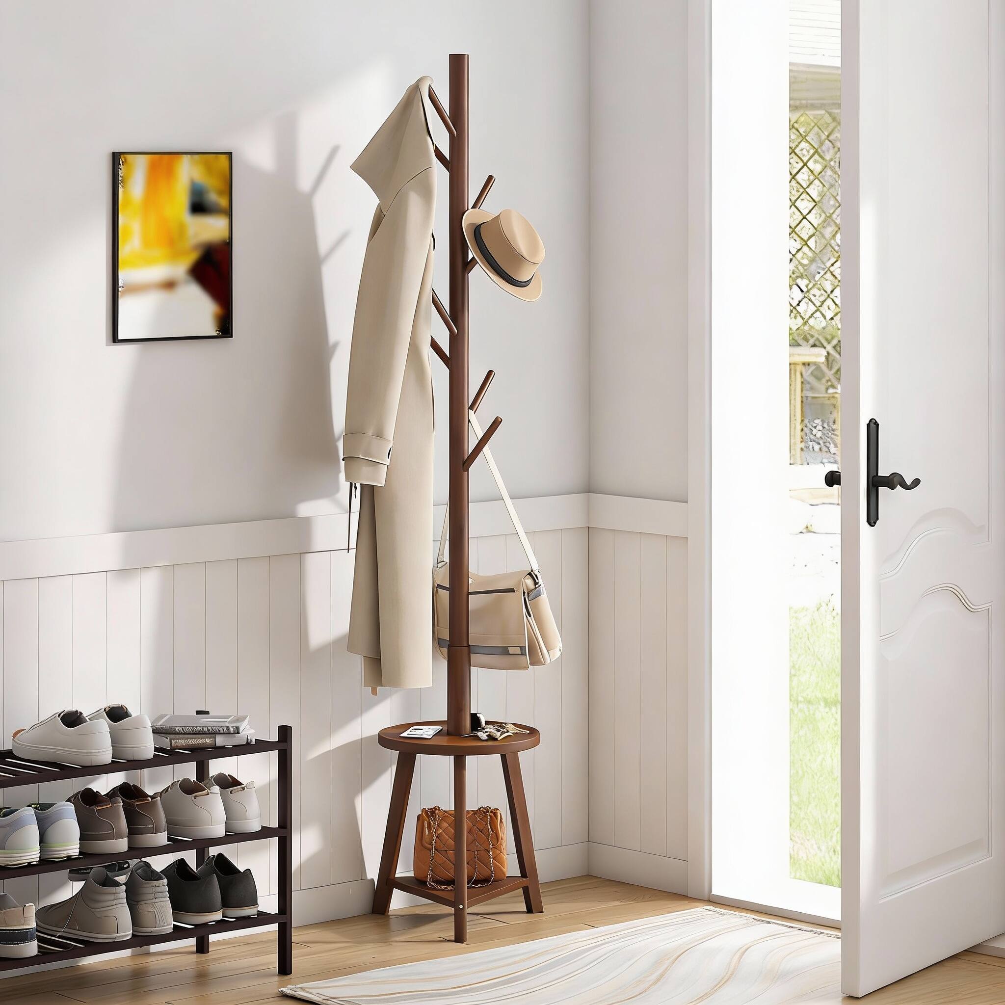 Alt View 1. Frangdom - Freestanding Coat Rack 8 Hooks 2 Shelves Tray 4 Height Settings - NATURE 13.2"D x 13.2"W x 73.2"H.