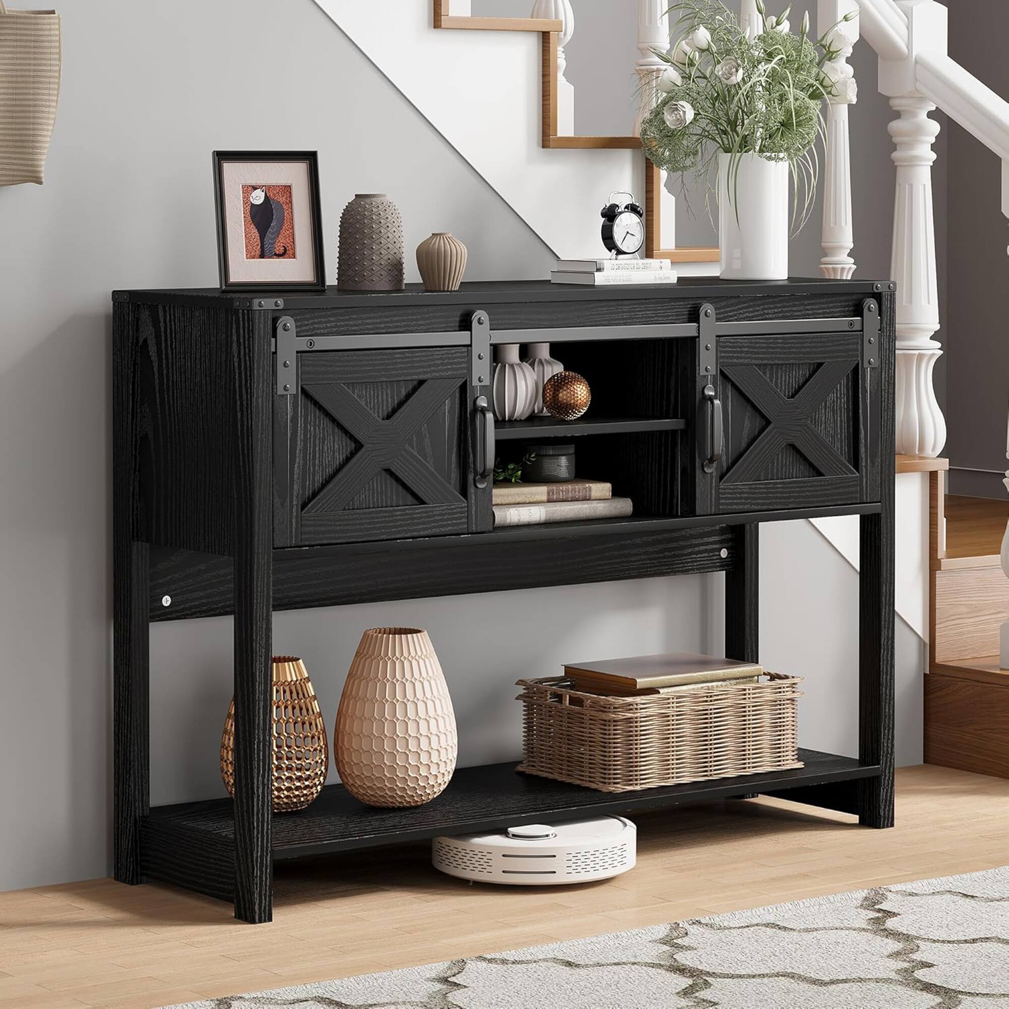 Alt View 2. RoyalCraft - RoyalCraft Farmhouse Entryway Console Wooden Table with Storage Shelves, Black - Black.