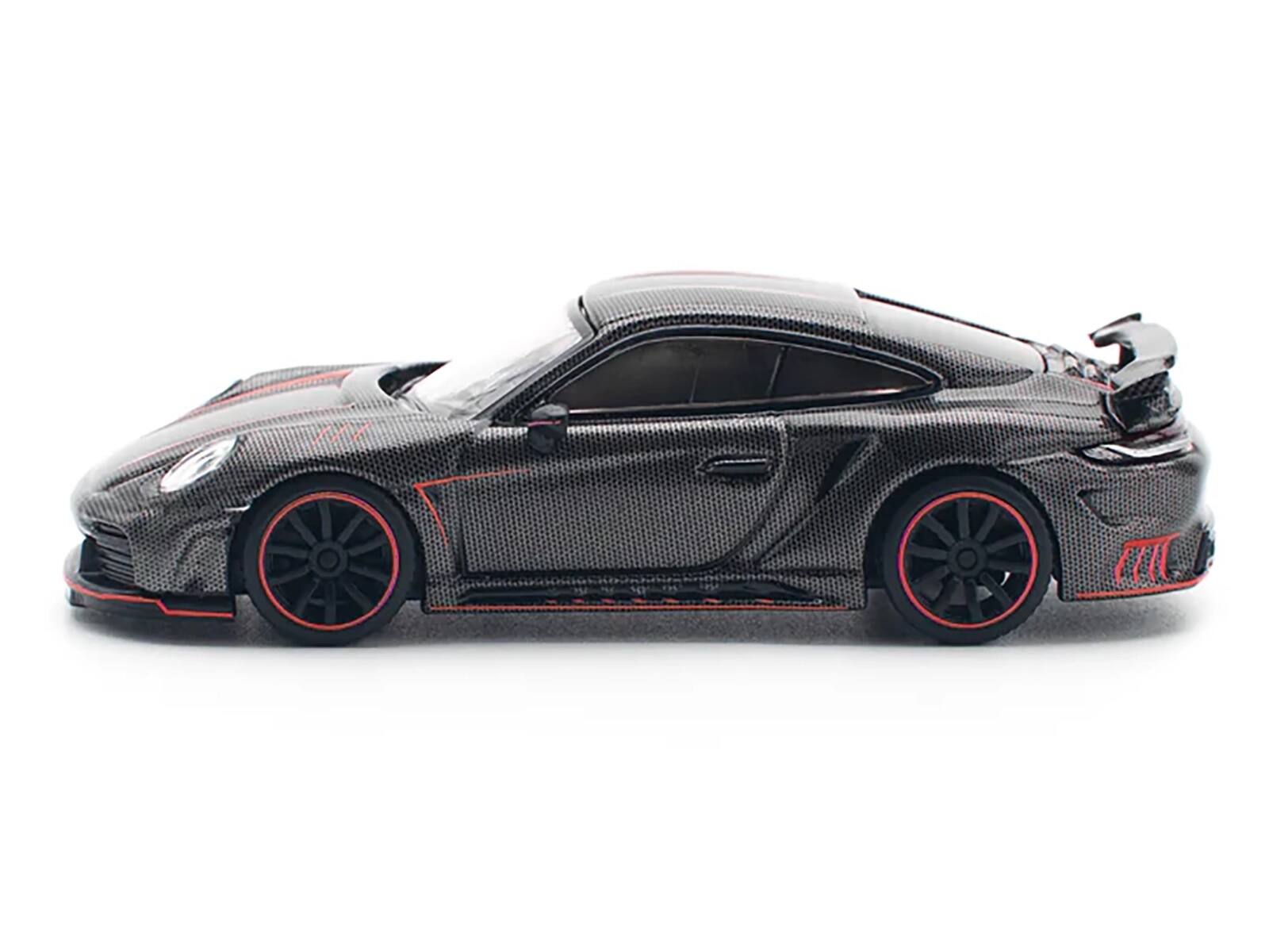 Angle. Pop Race - 992 Stinger GTR Carbon Edition with Red Accents 1/64 Diecast Model Car by Pop Race - Black.