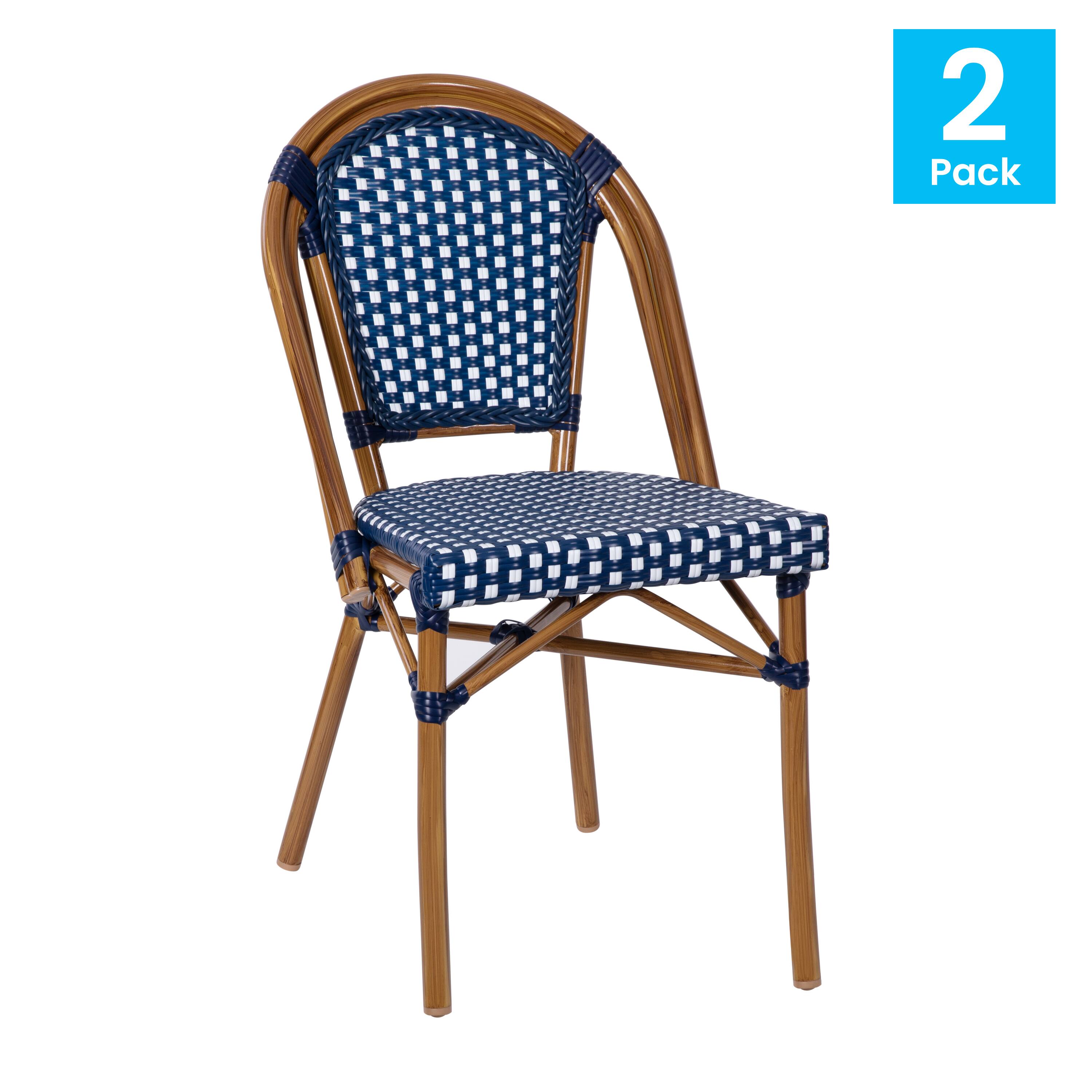Alt View 1. Emma + Oliver - Soie Stacking Bistro Chairs with PE Seat and Back and Aluminum Frame for Indoor/Outdoor Use - Navy & White/Natural Frame.