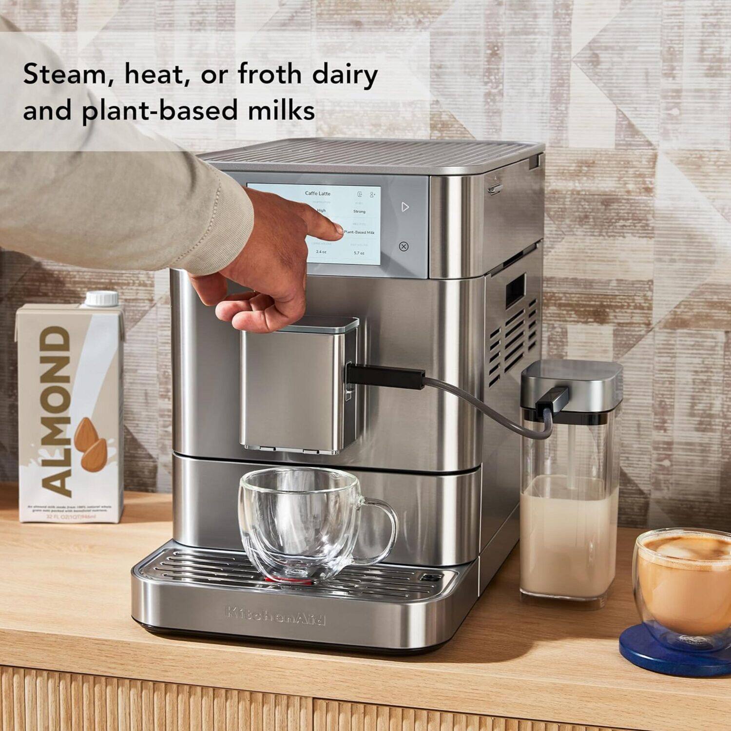 Steam, heat, or froth dairy and plant-based milks

Café Latte
Strong
1/2 cup Almond Milk
1/2 cup Coffee

ALMOND
Milk

KitchenAid