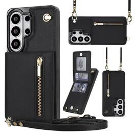 Dteck - Wallet Case for Samsung Galaxy S26 Ultra PU Leather Zipper Flip Cover with Crossbody Strap & Kickstand - Black