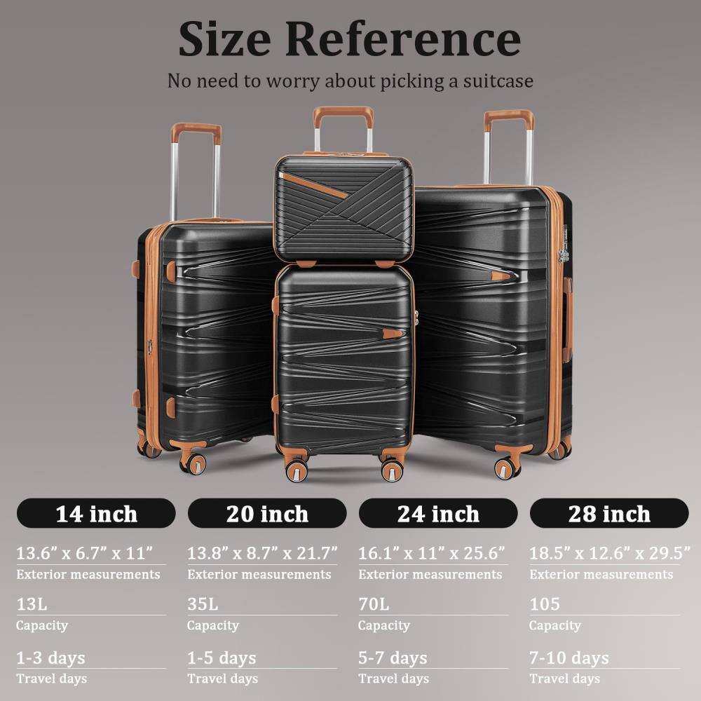 **Size Reference**  
No need to worry about picking a suitcase

- **14 inch**  
  - Exterior measurements: 13.6" x 6.7" x 11"  
  - Capacity: 13L  
  - Travel days: 1-3 days

- **20 inch**  
  - Exterior measurements: 13.8" x 8.7" x 21.7"  
  - Capacity: 35L  
  - Travel days: 1-5 days

- **24 inch**  
  - Exterior measurements: 16.1" x 11" x 25.6"  
  - Capacity: 70L  
  - Travel days: 5-7 days

- **28 inch**  
  - Exterior measurements: 18.5" x 12.6" x 29.5"  
  - Capacity: 105L  
  - Travel days: 7-10 days