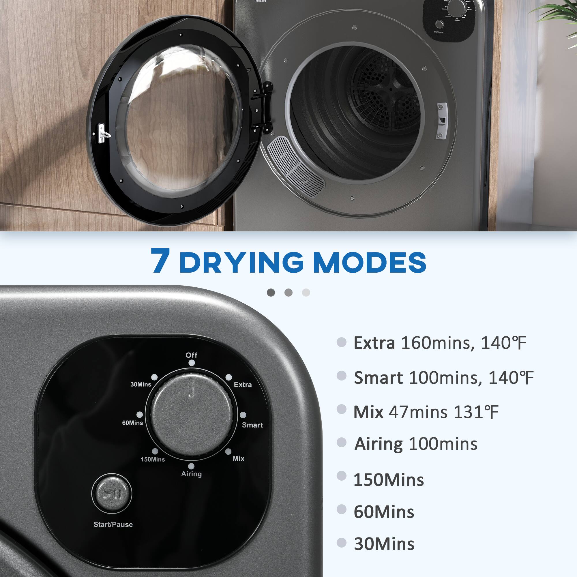 7 DRYING MODES

Off
Extra 160mins, 140F
Smart 100mins, 140F
Mix 47mins 131F
Airing 100mins
150Mins
60Mins
30Mins