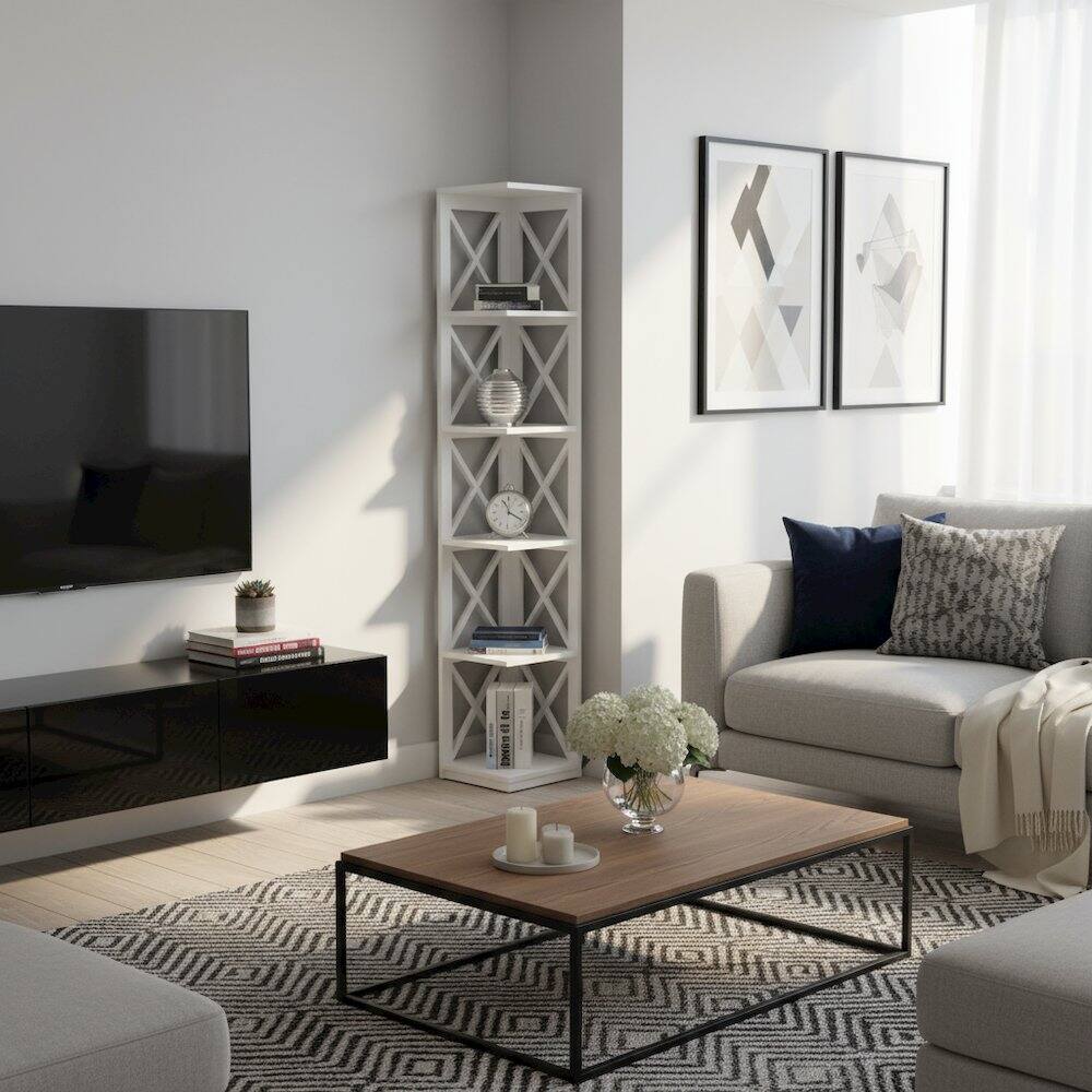 Alt View 1. FurniFact - Corner Bookcase Crossed X Design with 5 Storage Shelves - White.