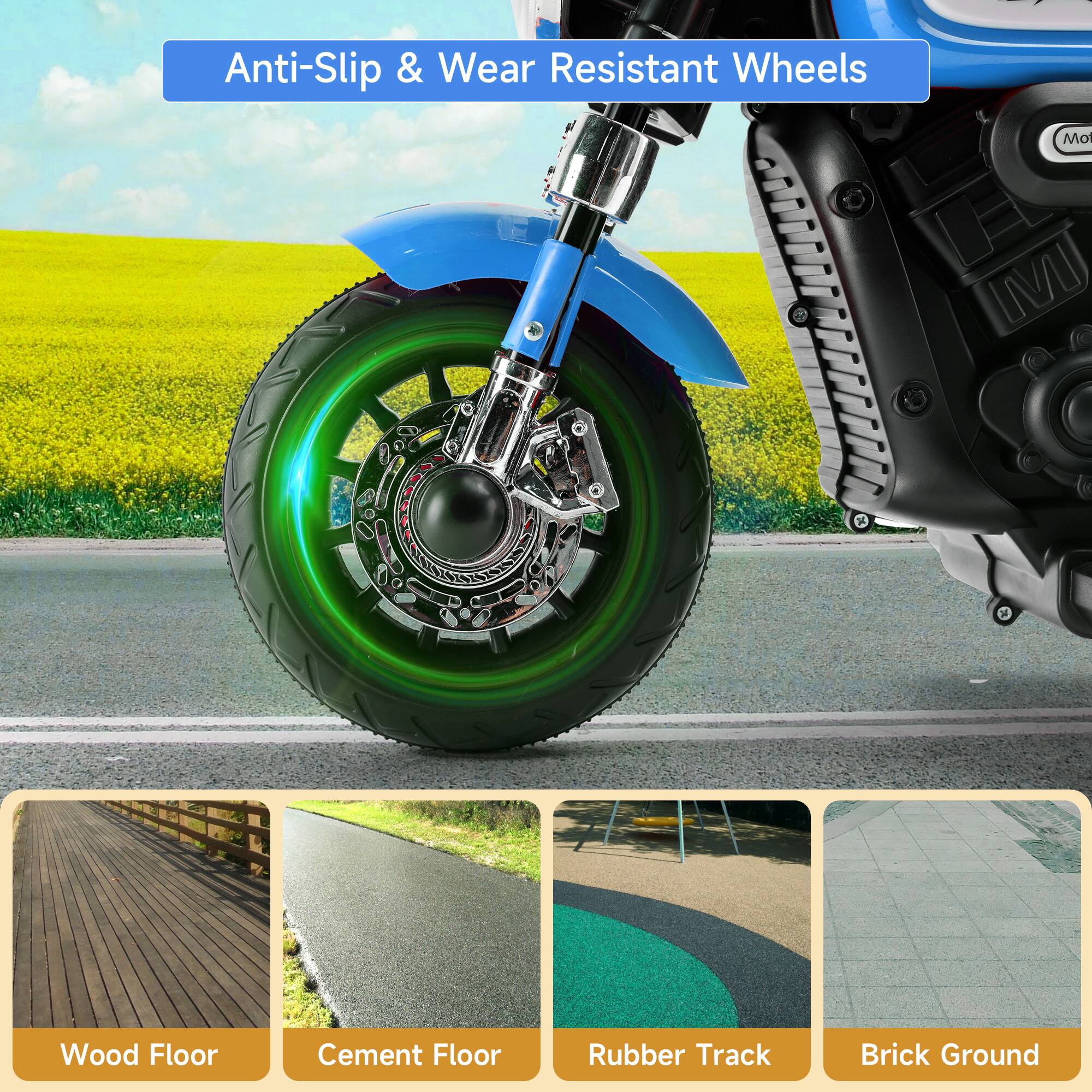 Anti-Slip & Wear Resistant Wheels

Wood Floor  
Cement Floor  
Rubber Track  
Brick Ground