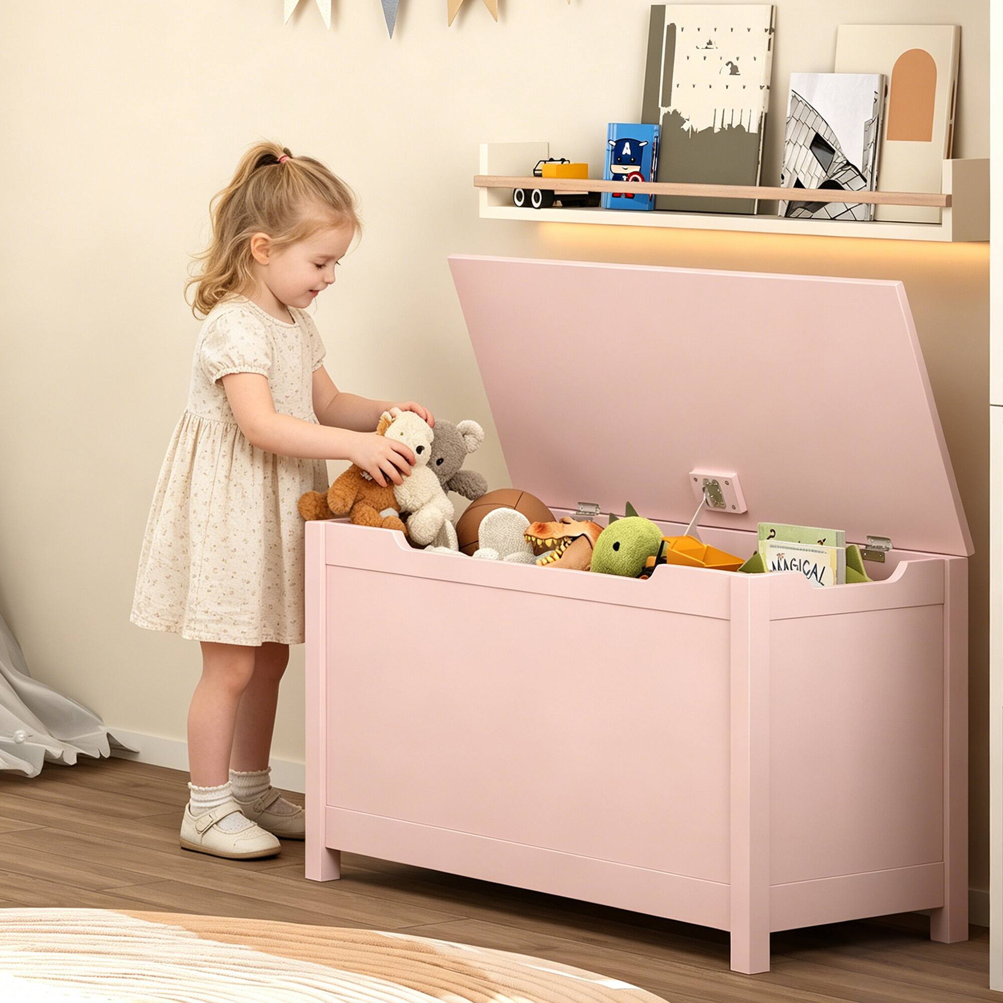 Left. Z-Edge - Kids Storage Bench, Wooden Toy Box Chest, Large Storage Cabinet with Safety Hinge for Playroom, Living Room or Entryway - Pink.