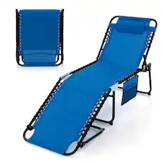 Front. Gymax - Gymax Folding Chaise Lounge Portable Lay Flat Reclining Chair w/ 4-Level Backrest Side Pocket Navy - Navy.