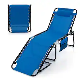 Gymax - Folding Chaise Lounge Portable Lay Flat Reclining Chair w/ 4-Level Backrest Side Pocket - Navy