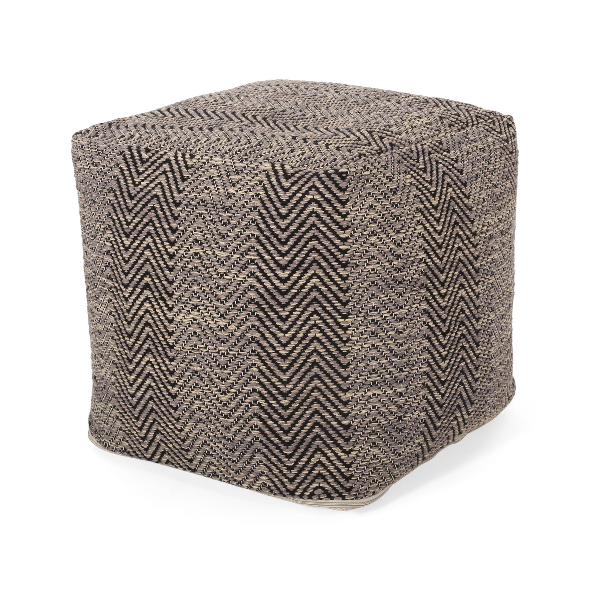 Angle. GOODSILO - Handcrafted Cotton Pouf with Chevron Pattern for Home Decor - Brown.