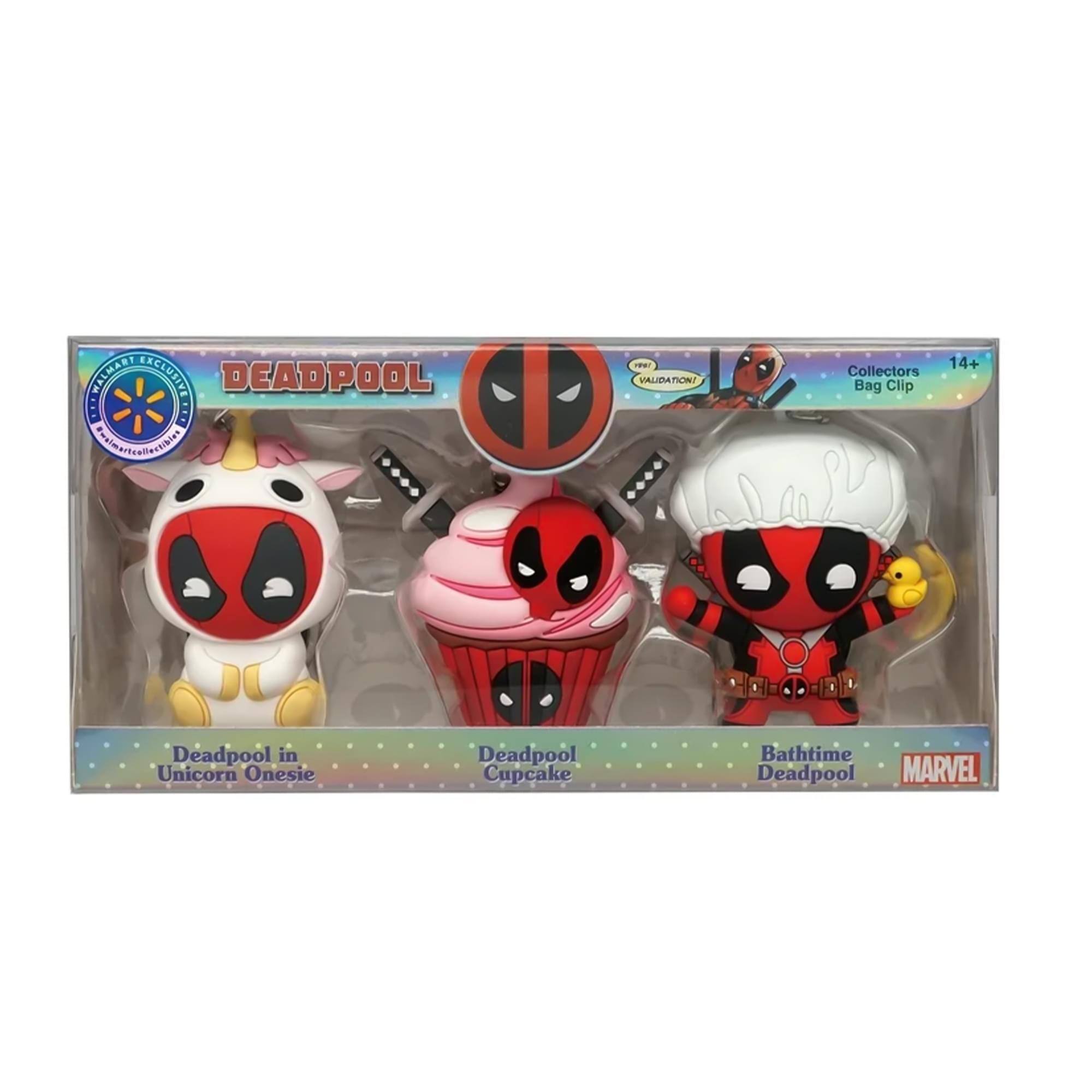 Malmart Exclusive Deadpool:  
- Deadpool in Unicorn Onesie  
- Deadpool Cupcake  
- Bathtime Deadpool  
- Collectors Bag Clip  
14+  
Marvel