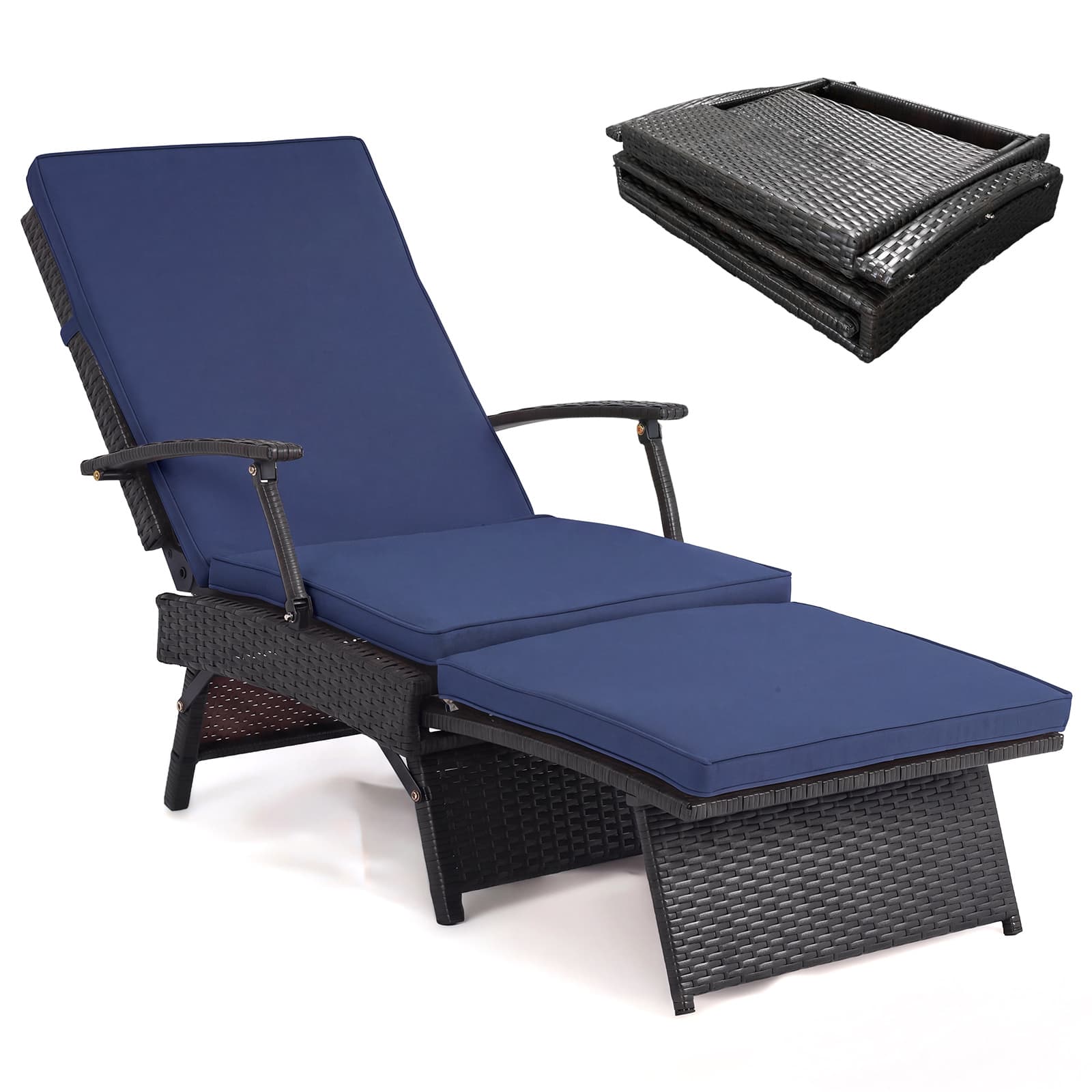 Costway - 1 PCS Folding Wicker Chaise Lounge with Slide-Out Ottoman, 11-Level Adjustable Backrest - Mix Brown+Navy Blue price history on PriceWatchPro
